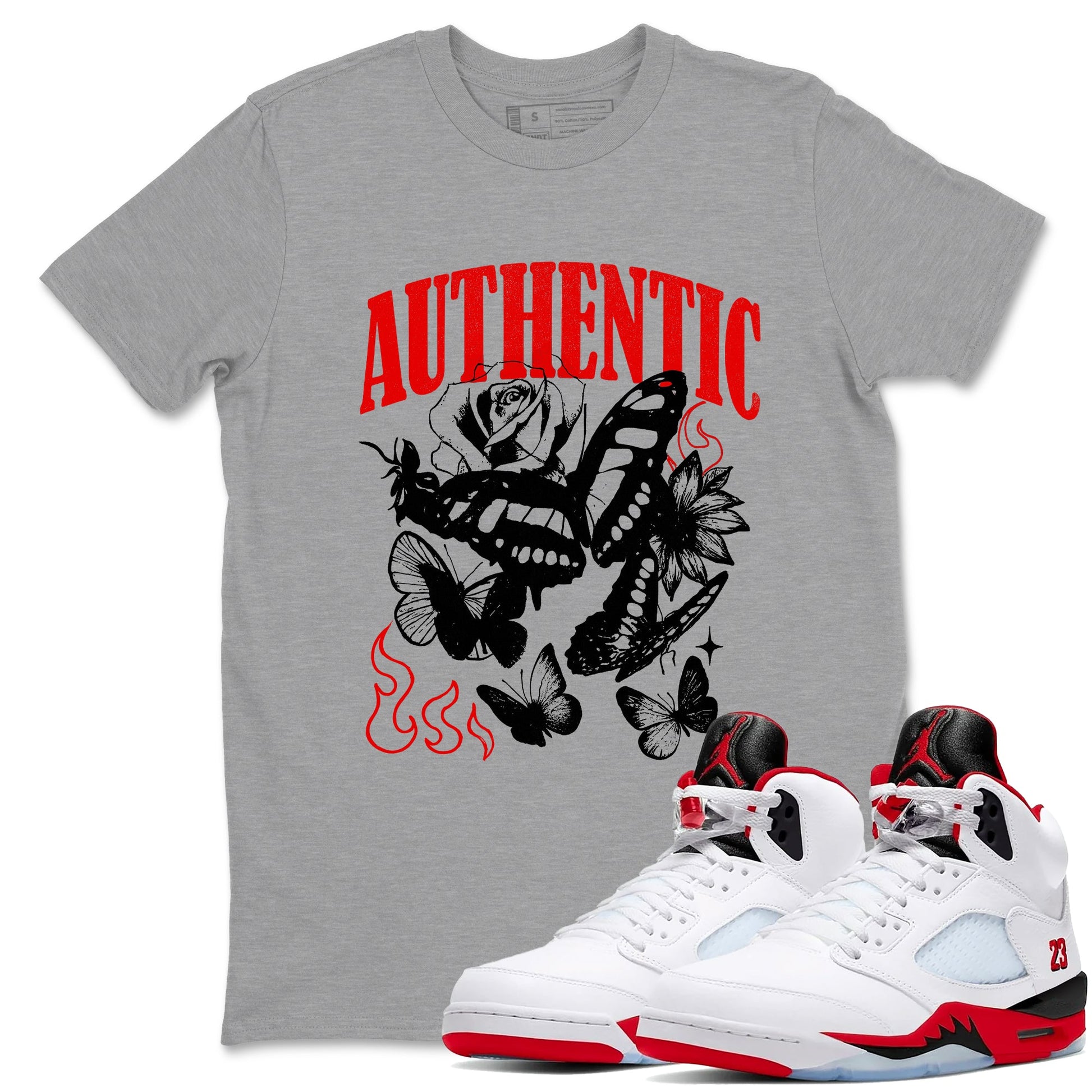 Authentic Flame sneaker match t-shirt styled to complete your fit with the Air Jordan 5 Fire Red sneakers, shown in Heather Grey 1.