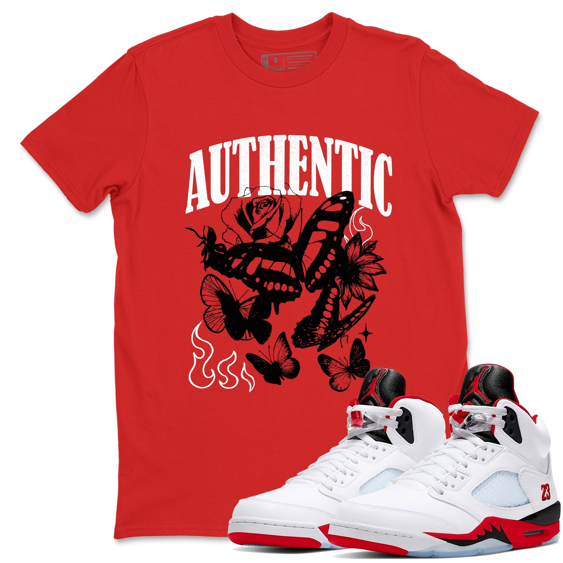 Authentic Flame sneaker match t-shirt styled to complete your fit with the Air Jordan 5 Fire Red sneakers, shown in Red 1.