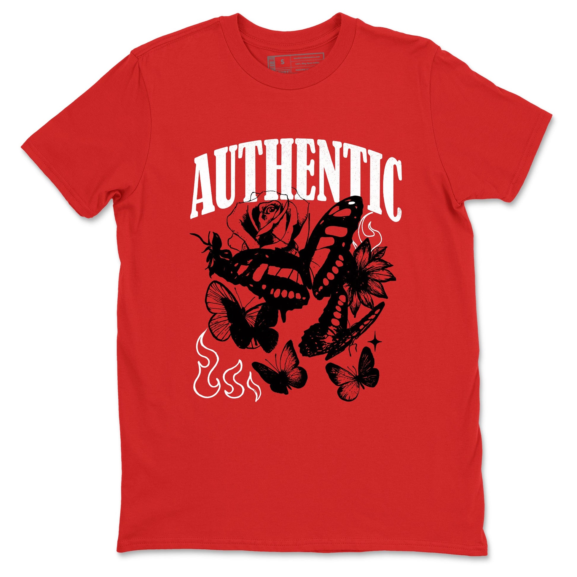 Authentic Flame sneaker match t-shirt styled to complete your fit with the Air Jordan 5 Fire Red sneakers, shown in Red 2.