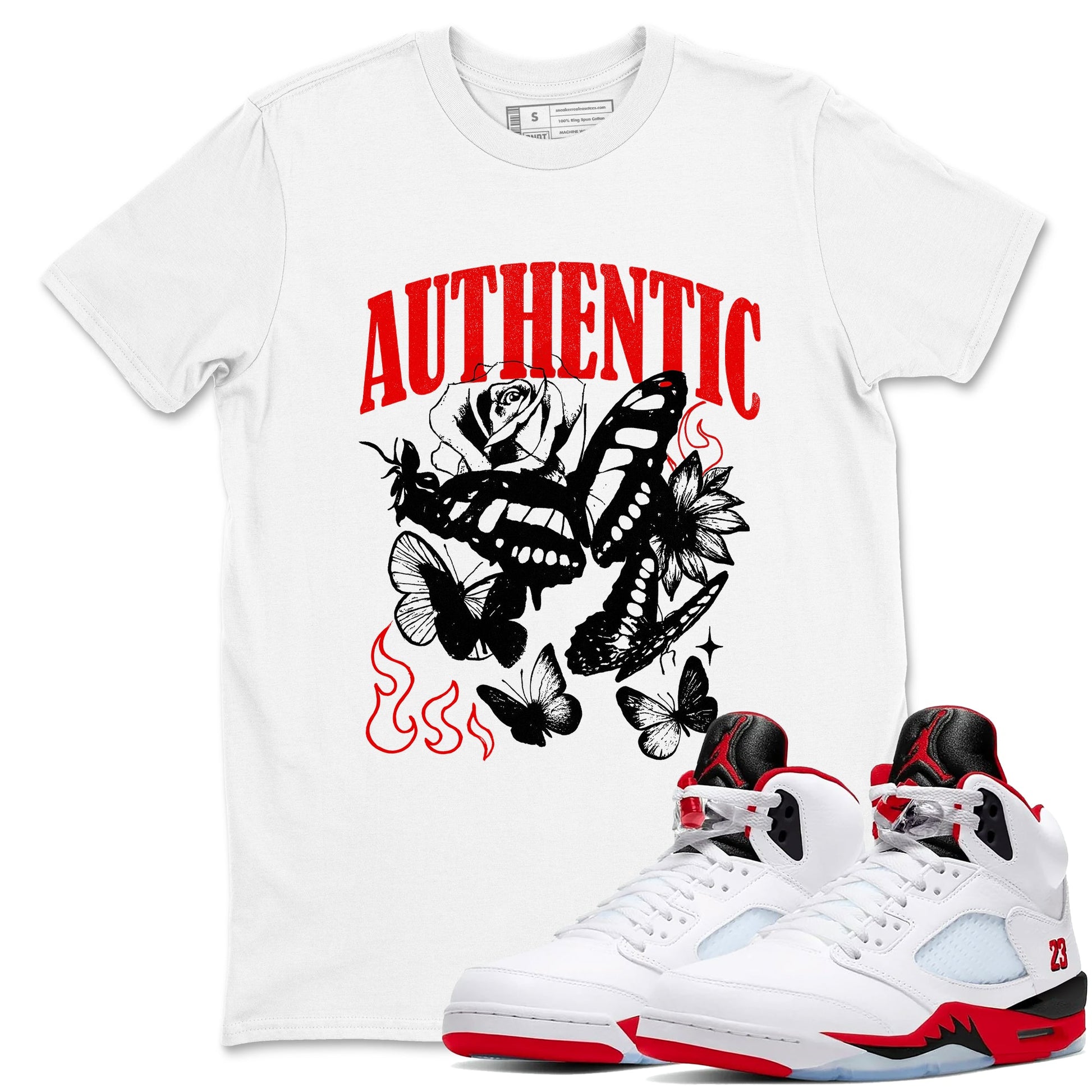 Authentic Flame sneaker match t-shirt styled to complete your fit with the Air Jordan 5 Fire Red sneakers, shown in White 1.
