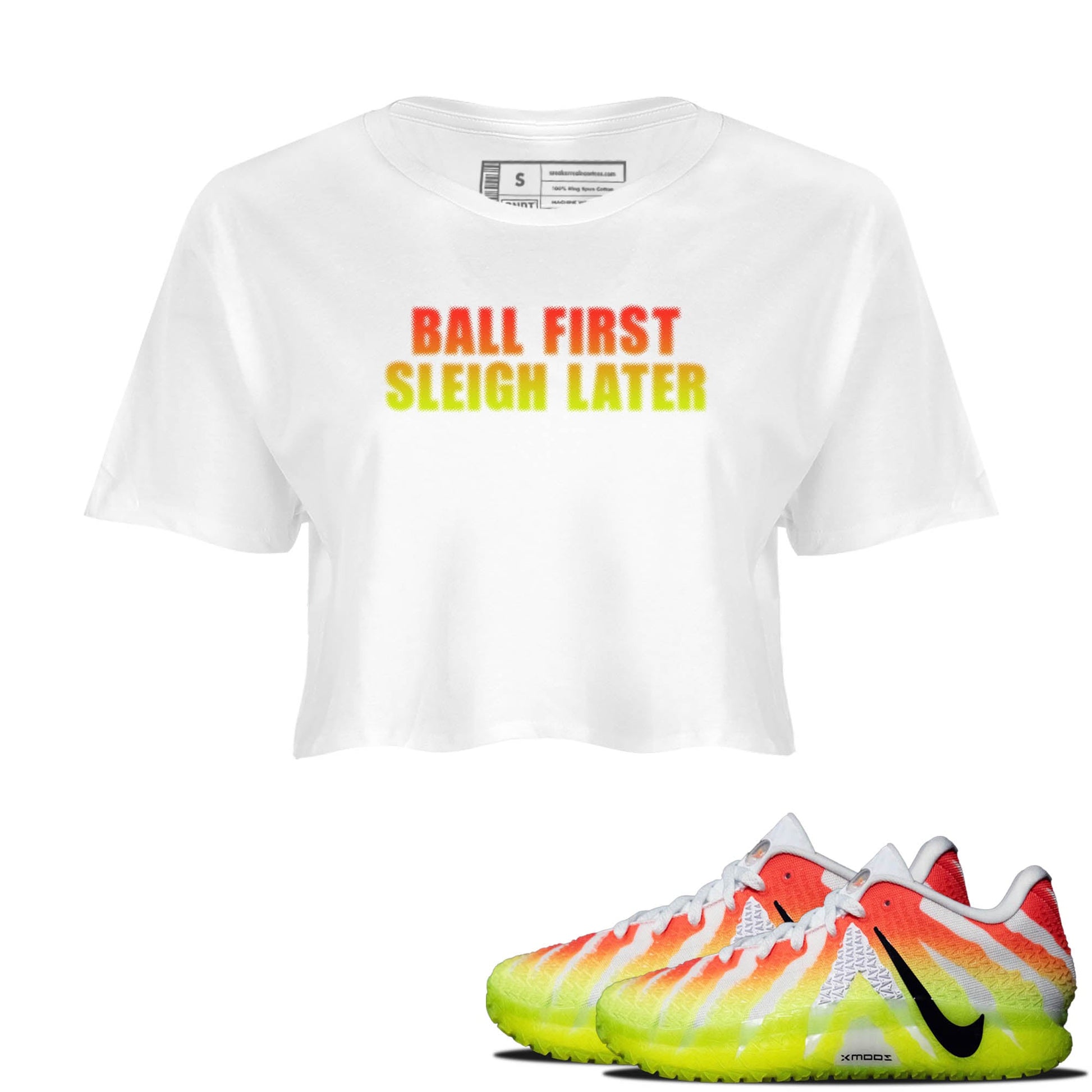 Sneaker Threads – Sneaker Tees To Match Nike JA 3 Under The Christmas Tree – Ball First Sleigh Later Crop Tee White 1. Perfect for Jordan releases 2025 colorways. Perfect for Ja Morant sneaker releases and Christmas 2025 colorways.