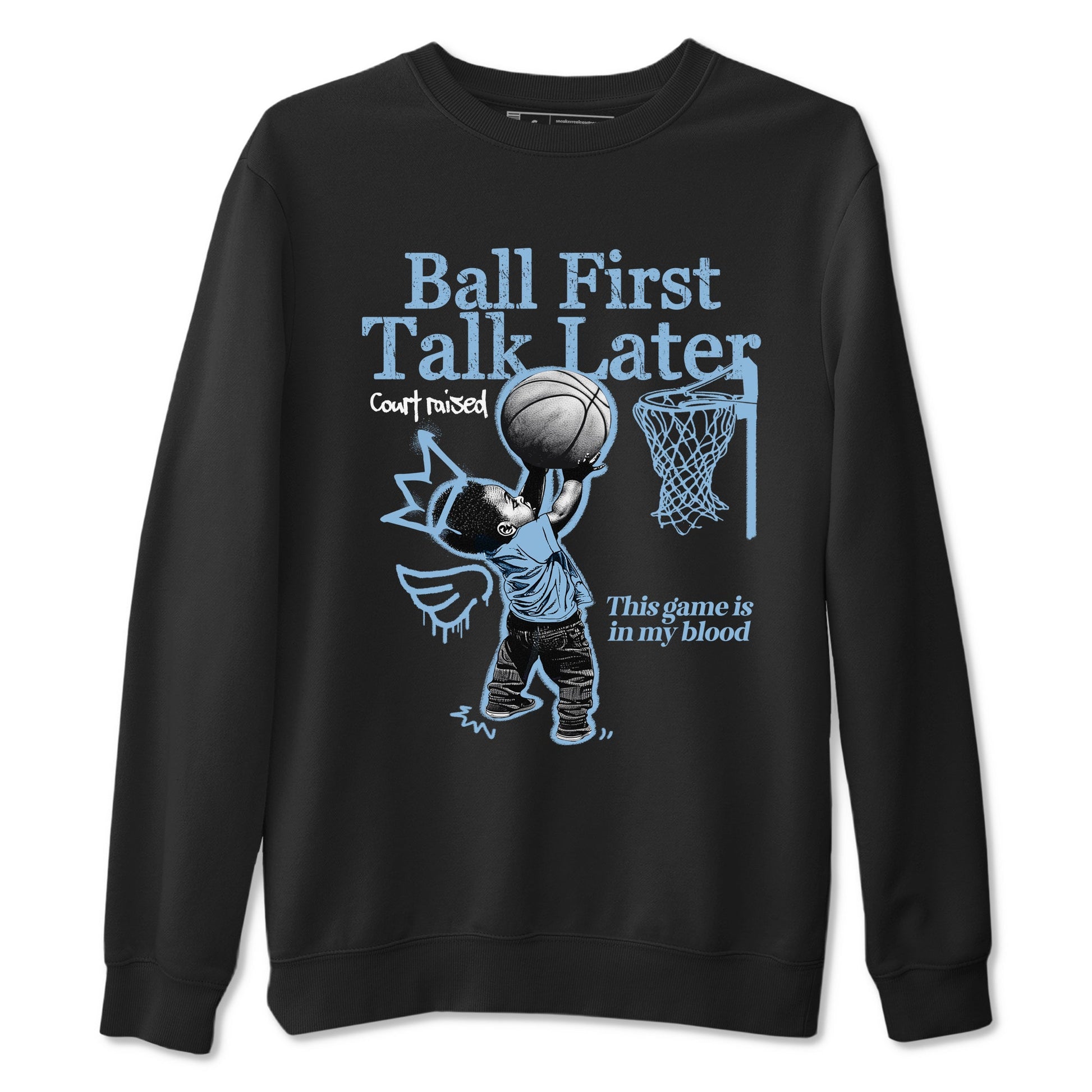 Ball First Talk Later sneaker match t-shirt styled to complete your fit with the Air Foamposite One Psychic Blue sneakers, shown in Black 2.