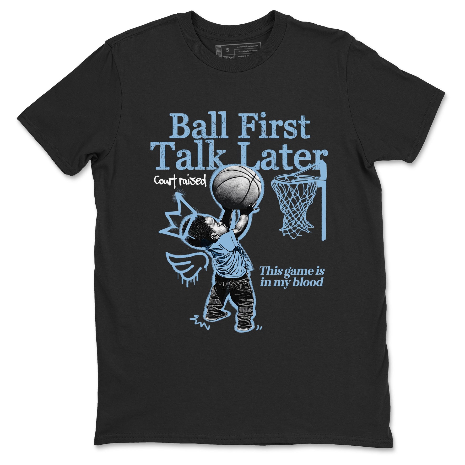 Ball First Talk Later sneaker match t-shirt styled to complete your fit with the Air Foamposite One Psychic Blue sneakers, shown in Black 2.