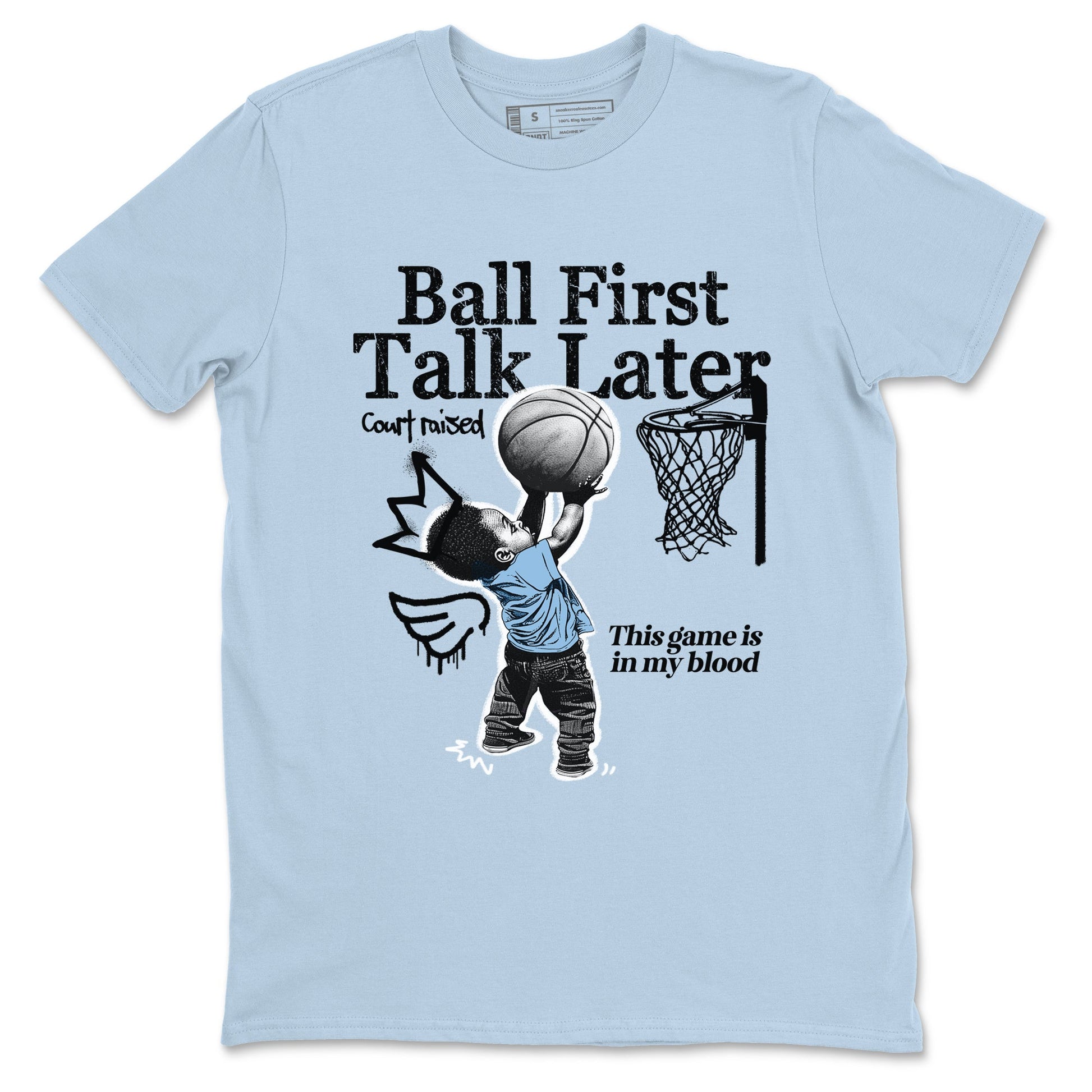 Ball First Talk Later sneaker match t-shirt styled to complete your fit with the Air Foamposite One Psychic Blue sneakers, shown in Light Blue 2.