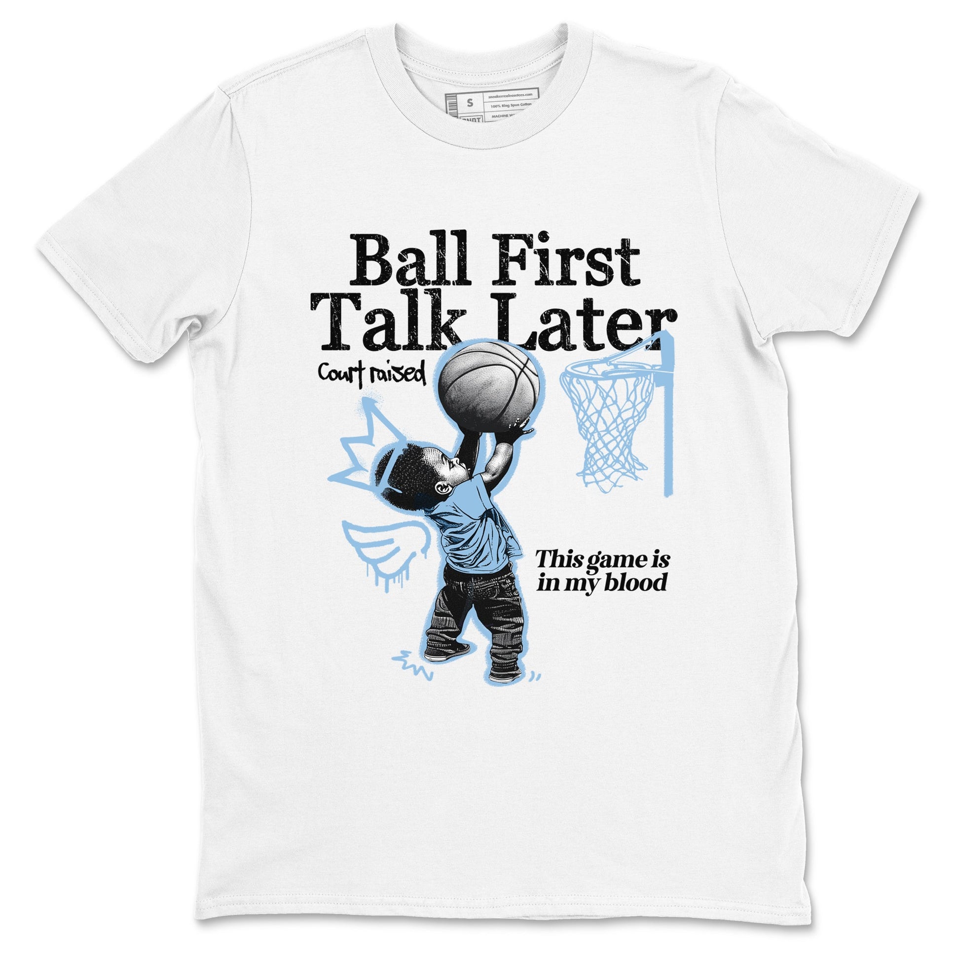 Ball First Talk Later sneaker match t-shirt styled to complete your fit with the Air Foamposite One Psychic Blue sneakers, shown in White 2.