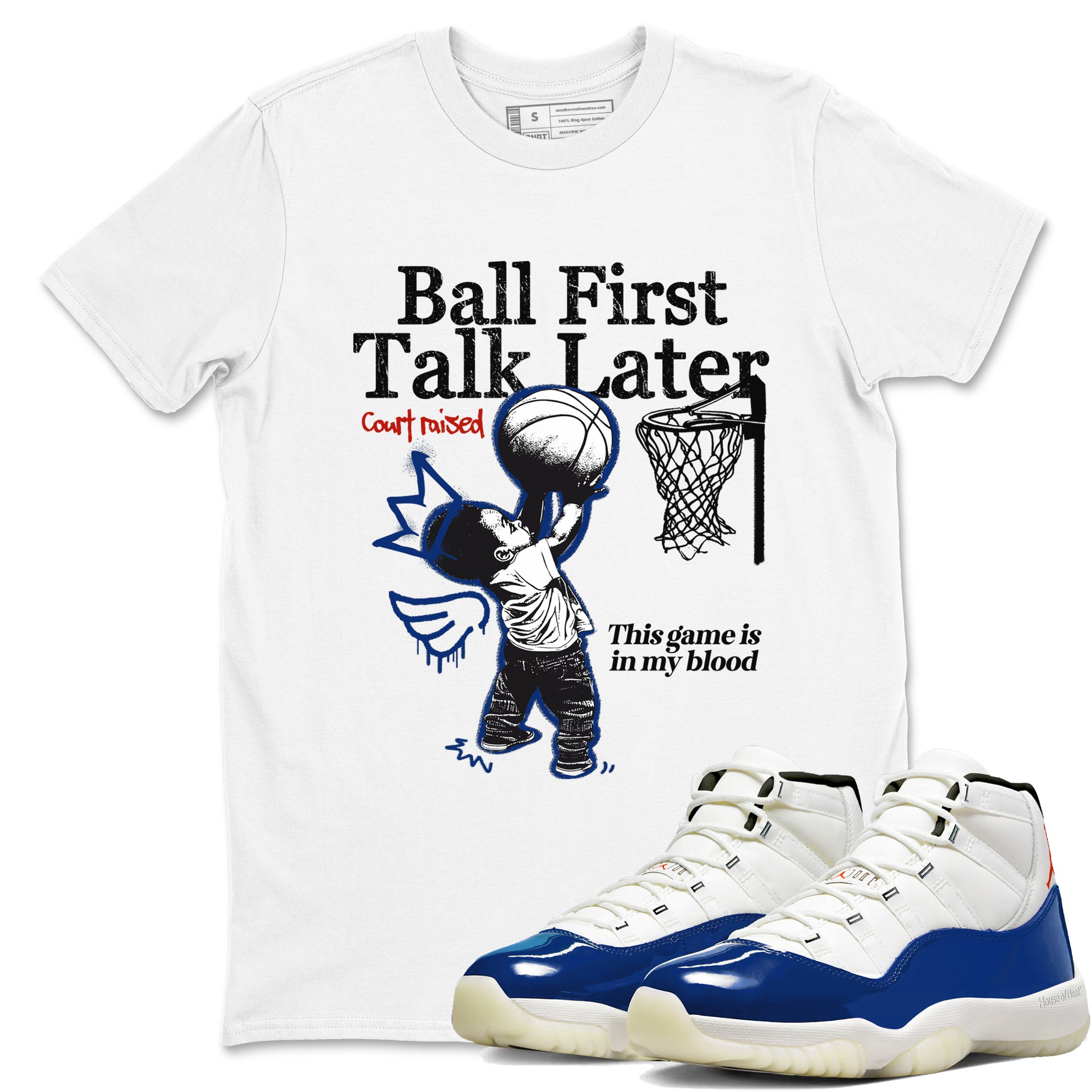 White t-shirt with basketball graphic and text, paired with blue and white sneakers.