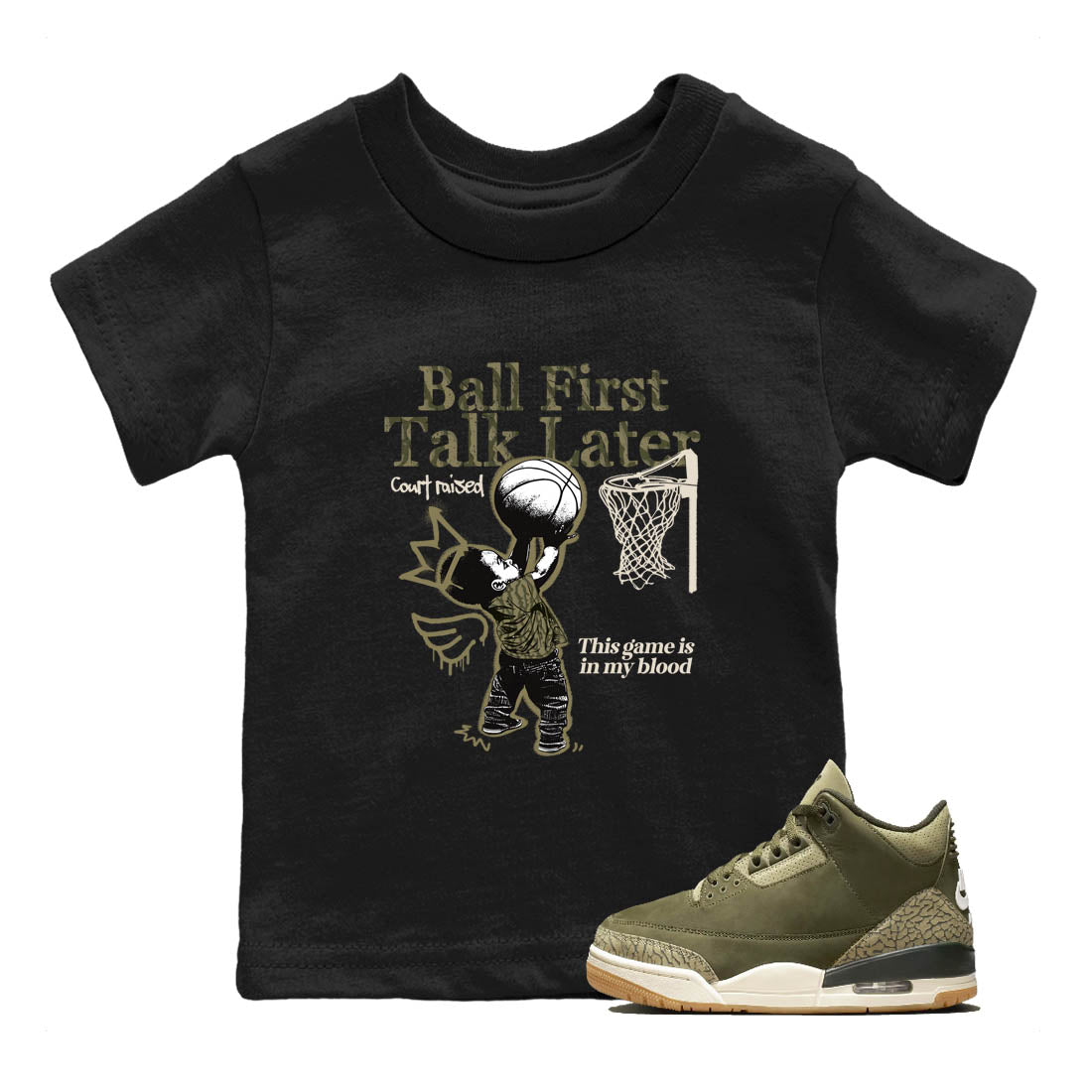 Sneaker Threads – Sneaker Tees To Match Air Jordan 3 Medium Olive – Ball First Talk Later Youth Graphic Tee Black 1. Perfect for Jordan releases 2025 colorways.