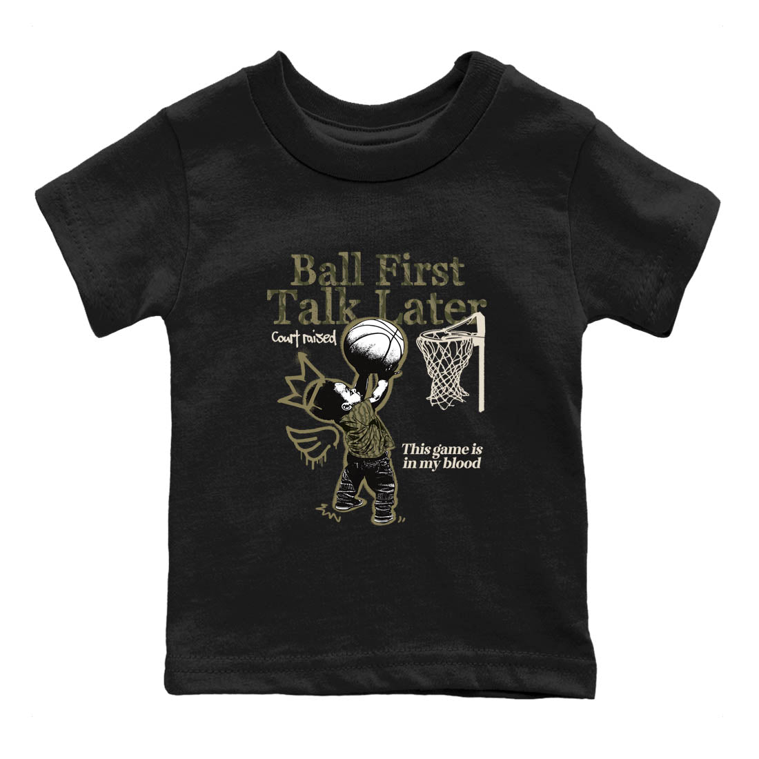 Sneaker Threads – Sneaker Tees To Match Air Jordan 3 Medium Olive – Ball First Talk Later Youth Graphic Tee Black 2. Perfect for Jordan releases 2025 colorways.