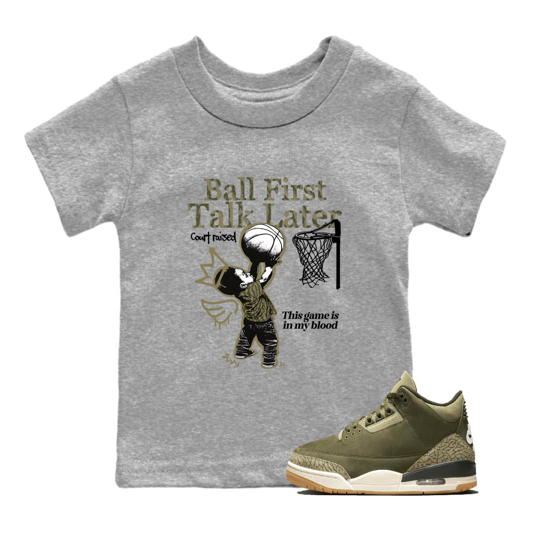 Sneaker Threads – Sneaker Tees To Match Air Jordan 3 Medium Olive – Ball First Talk Later Youth Graphic Tee Heather Grey 1. Perfect for Jordan releases 2025 colorways.