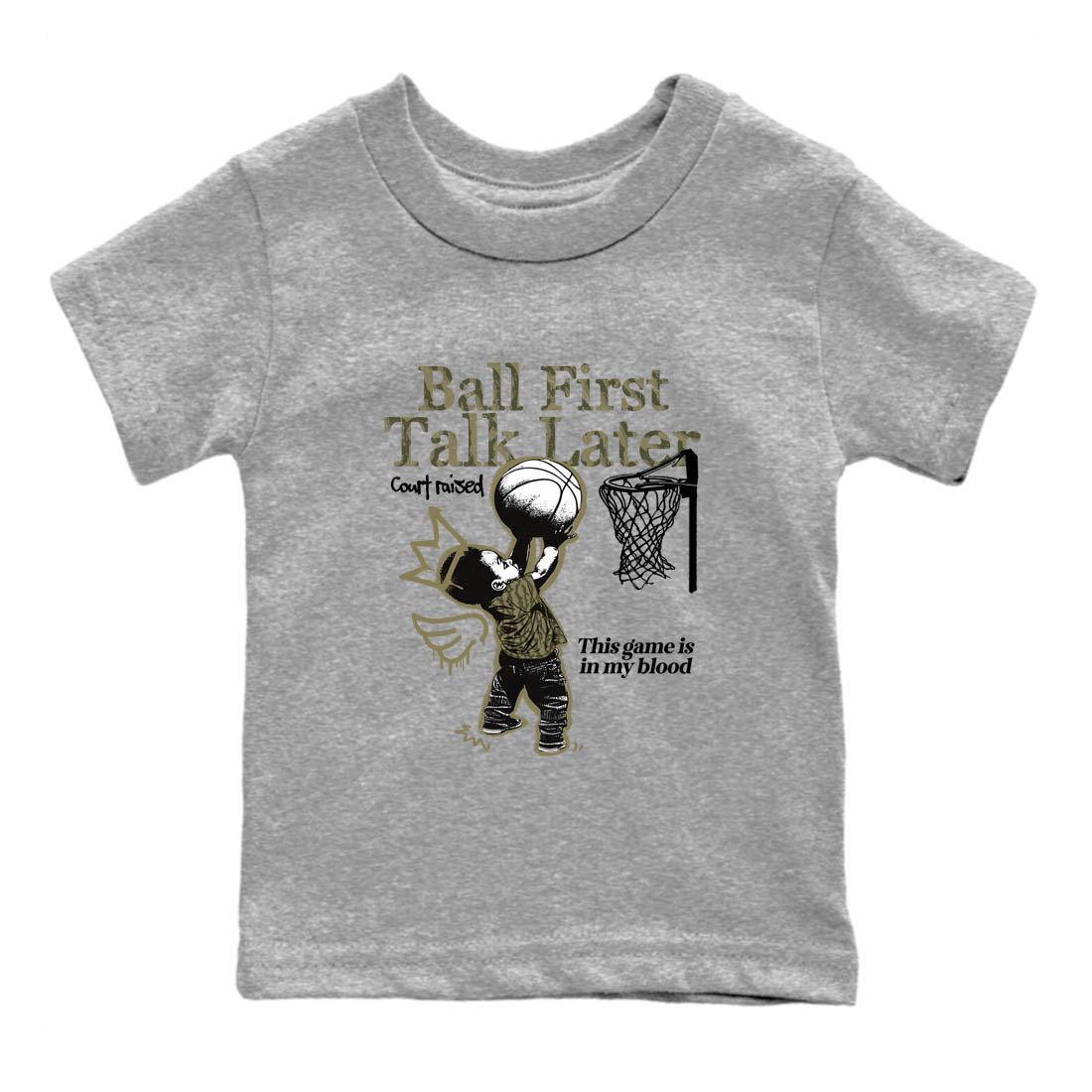 Sneaker Threads – Sneaker Tees To Match Air Jordan 3 Medium Olive – Ball First Talk Later Youth Graphic Tee Heather Grey 2. Perfect for Jordan releases 2025 colorways.