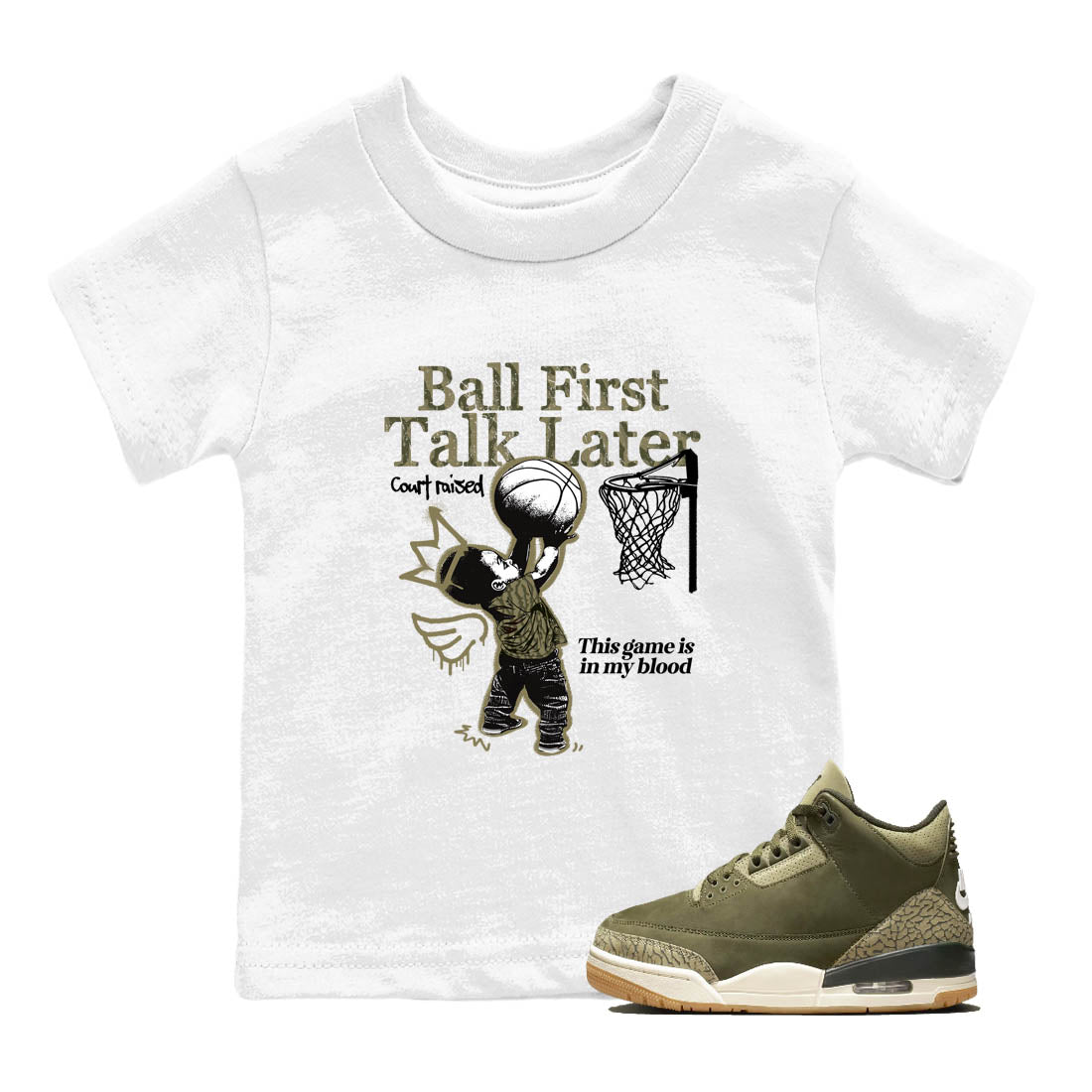 Sneaker Threads – Sneaker Tees To Match Air Jordan 3 Medium Olive – Ball First Talk Later Youth Graphic Tee White 1. Perfect for Jordan releases 2025 colorways.