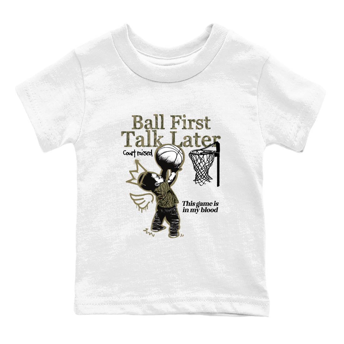Sneaker Threads – Sneaker Tees To Match Air Jordan 3 Medium Olive – Ball First Talk Later Youth Graphic Tee White 2. Perfect for Jordan releases 2025 colorways.