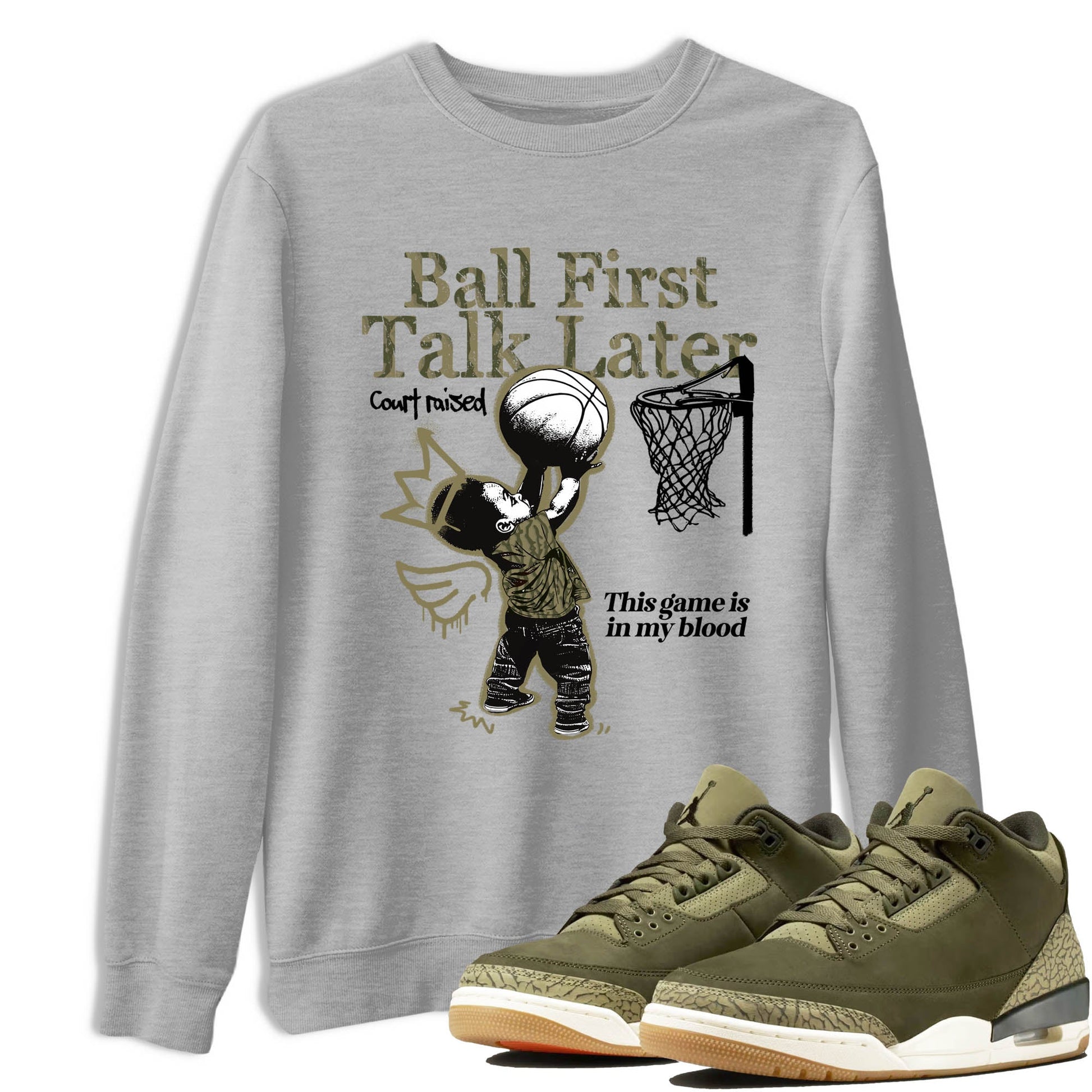 Sneaker Threads – Sneaker Tees To Match Air Jordan 3 Medium Olive – Ball First Talk Later Graphic Tee Heather Grey 1. Perfect for Jordan releases 2025 colorways.