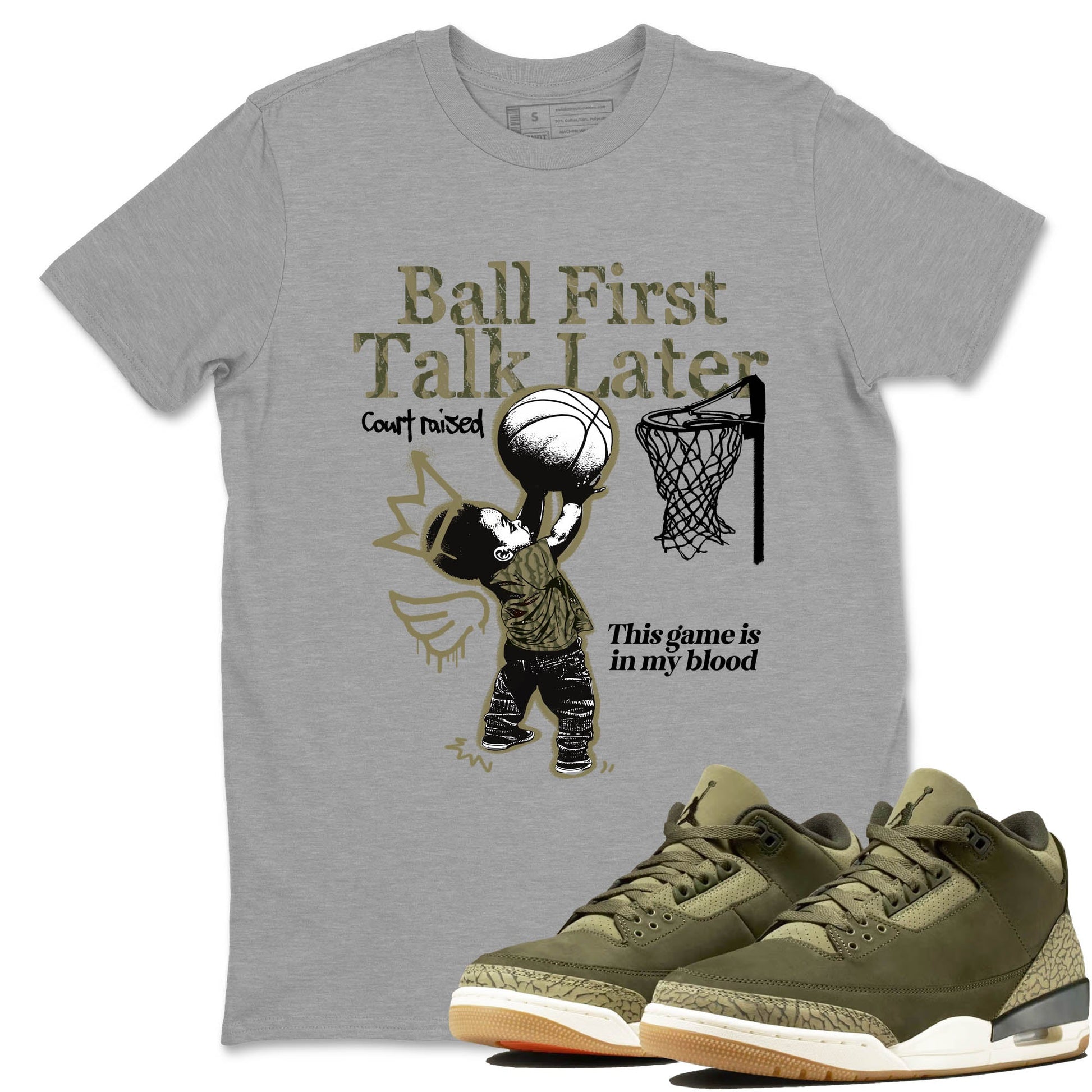 Sneaker Threads – Sneaker Tees To Match Air Jordan 3 Medium Olive – Ball First Talk Later Graphic Tee Heather Grey 1. Perfect for Jordan releases 2025 colorways.