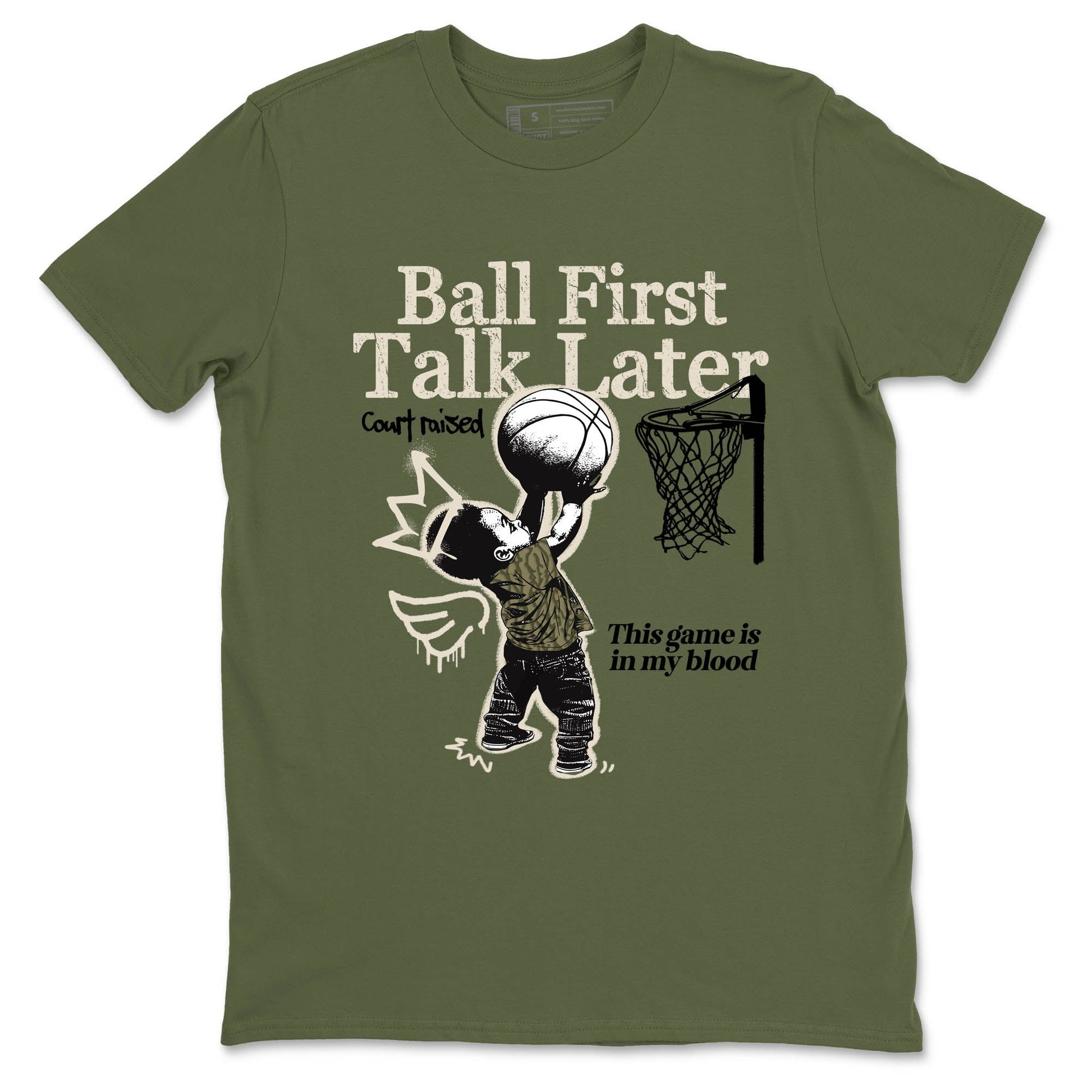Sneaker Threads – Sneaker Tees To Match Air Jordan 3 Medium Olive – Ball First Talk Later Graphic Tee Military Green 2. Perfect for Jordan releases 2025 colorways.