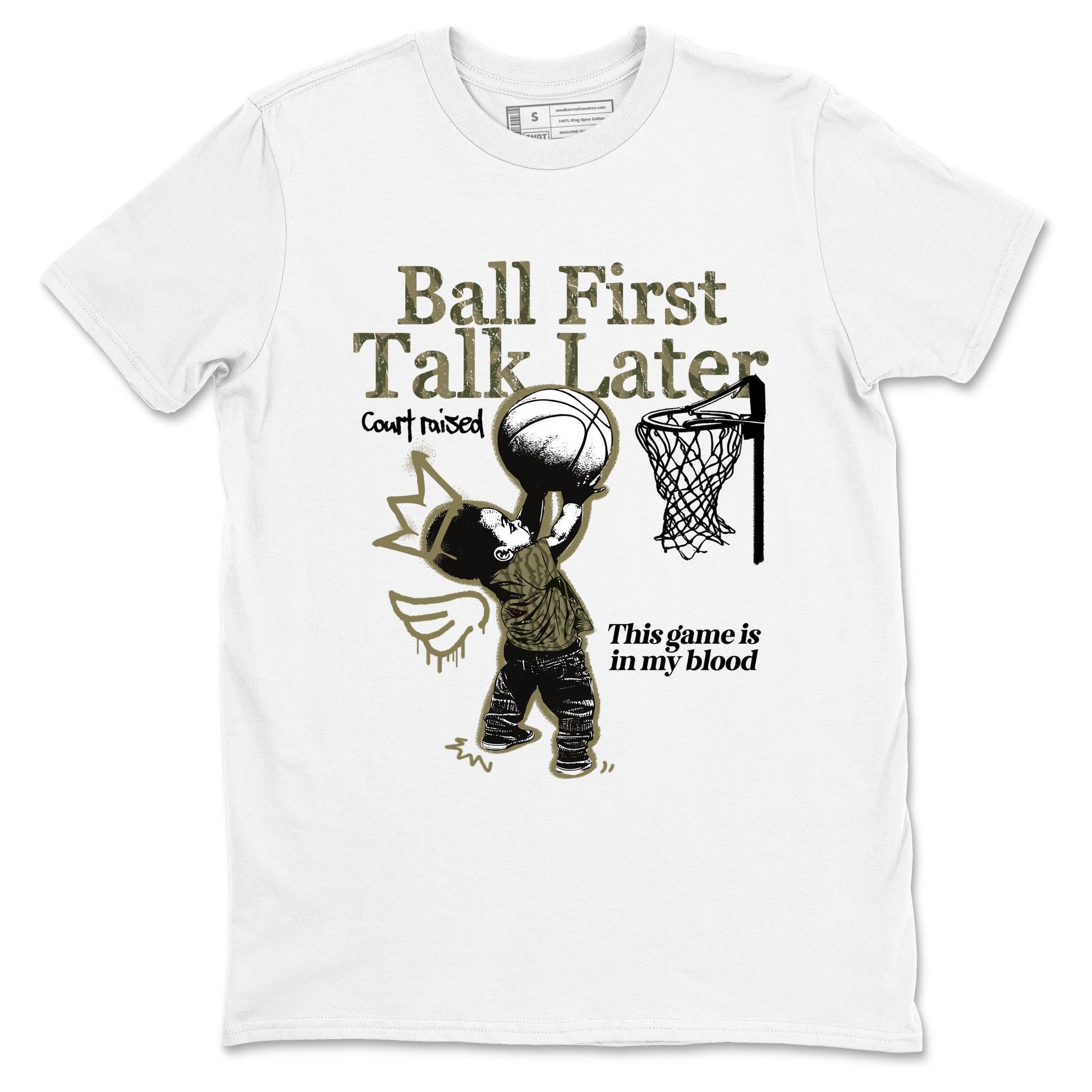 Sneaker Threads – Sneaker Tees To Match Air Jordan 3 Medium Olive – Ball First Talk Later Graphic Tee White 2. Perfect for Jordan releases 2025 colorways.