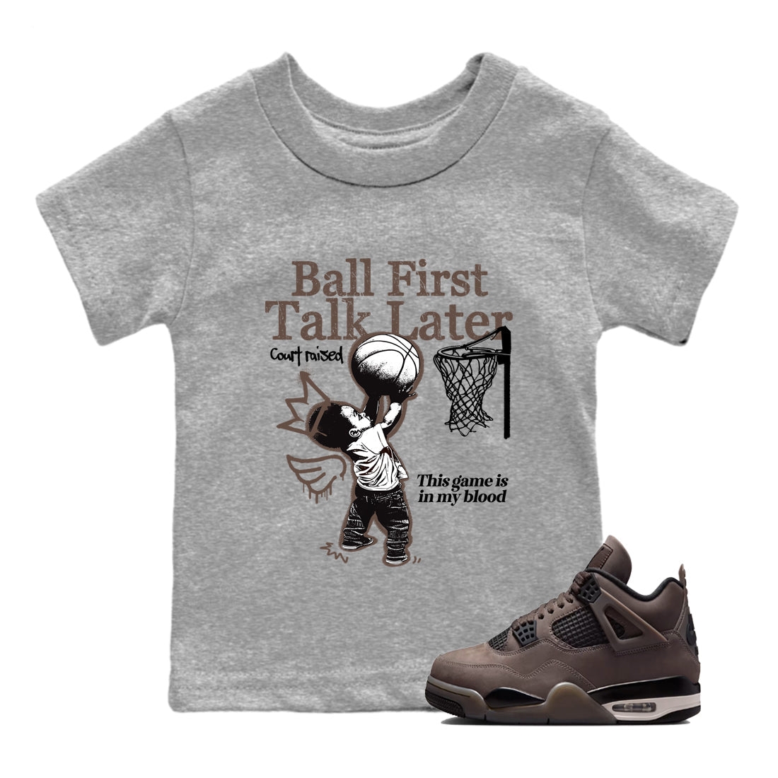 Sneaker match tees – Sneaker Tees To Match Air Jordan 4 Cave Stone Shoes – Ball First Talk Later Kids T-Shirt Heather Grey 1