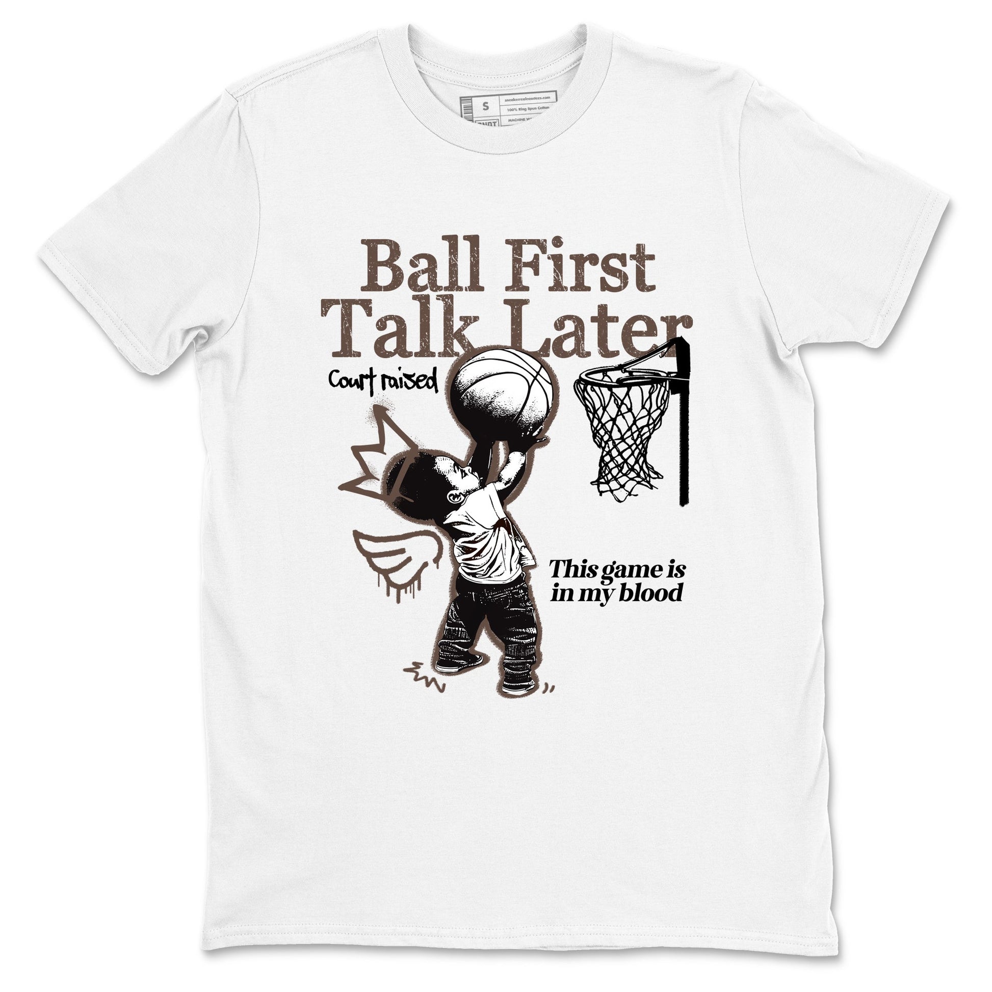 Sneaker match tees – Sneaker Tees To Match Air Jordan 4 Cave Stone Shoes – Ball First Talk Later Tee White 2