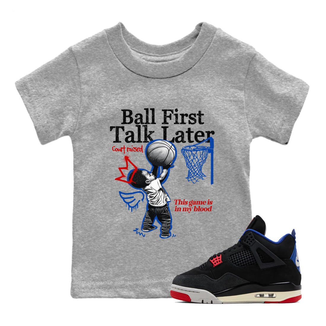 Sneaker match tees – Sneaker Tees To Match Jordan 4 Retro Rare Air Shoes – Ball First Talk Later Kids T-Shirt Heather Grey 1