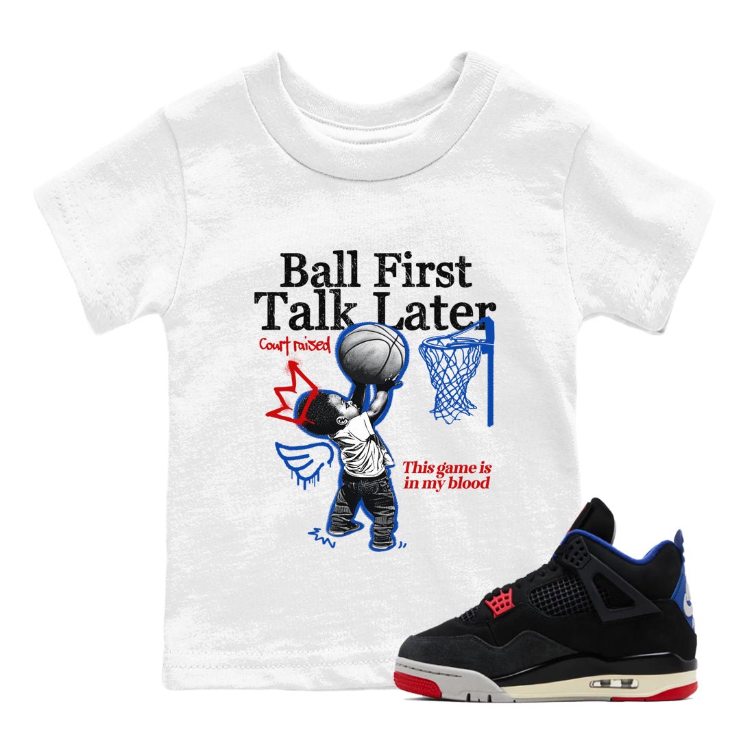 Sneaker match tees – Sneaker Tees To Match Jordan 4 Retro Rare Air Shoes – Ball First Talk Later Kids T-Shirt White 1