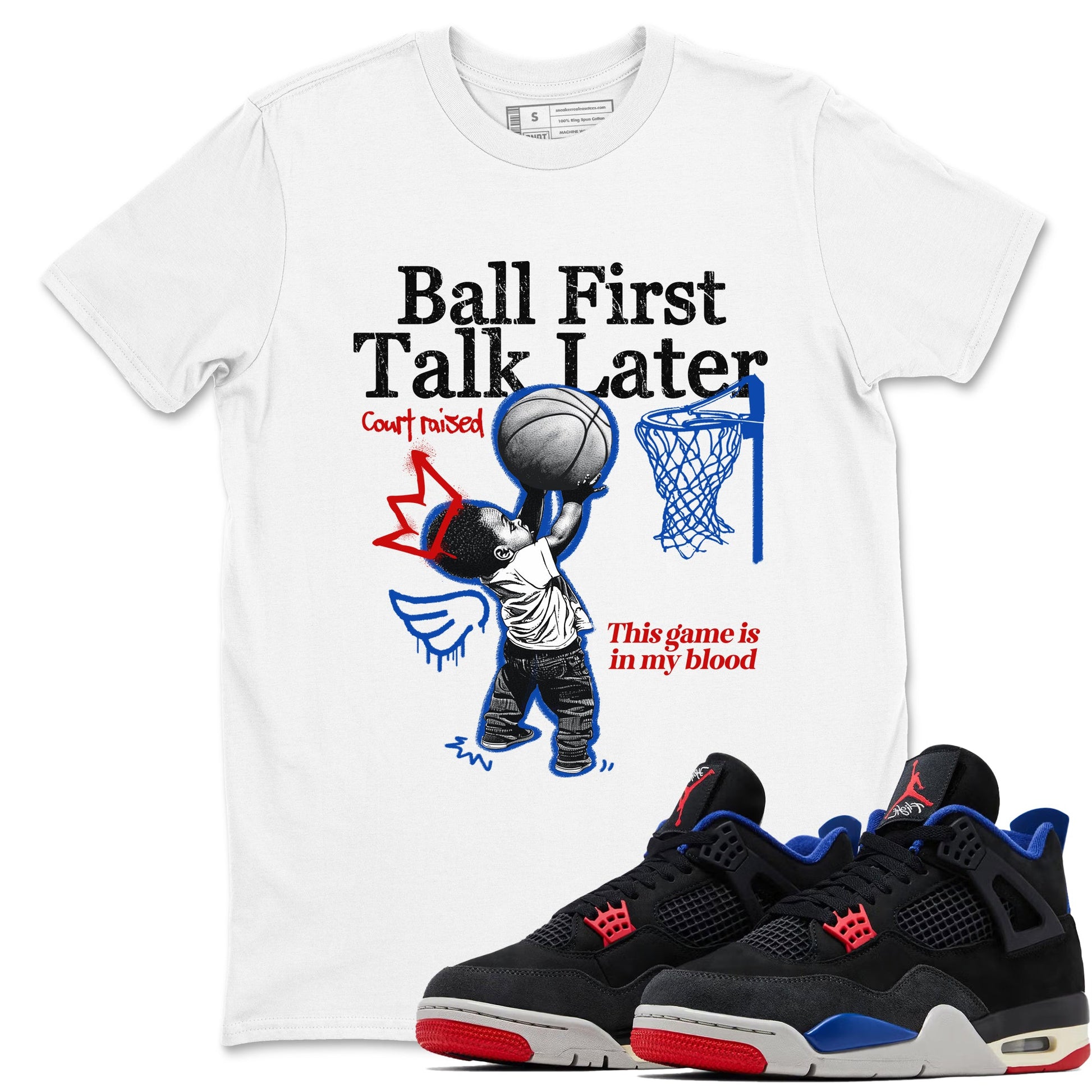 Sneaker match tees – Sneaker Tees To Match Jordan 4 Retro Rare Air Shoes – Ball First Talk Later Tee White 1