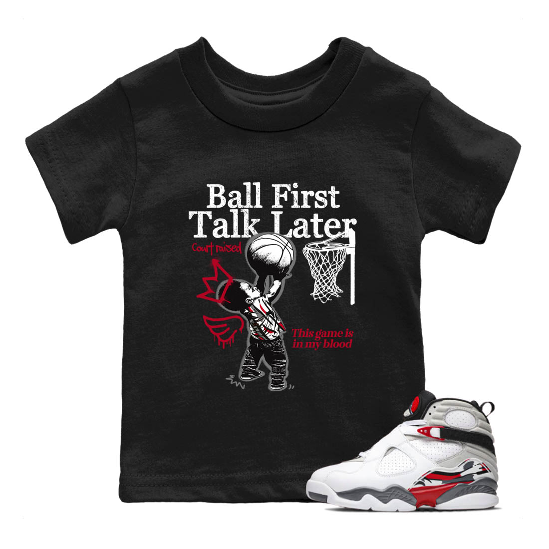 Sneaker Threads – Sneaker Tees To Match Air Jordan 8 Bunny – Ball First Talk Later Youth Graphic Tee Black 1. Perfect for Jordan releases 2025 colorways.