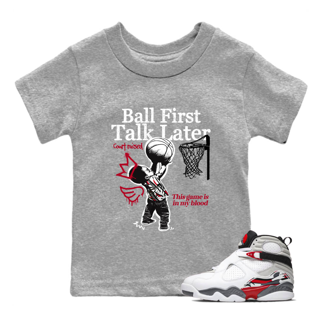 Sneaker Threads – Sneaker Tees To Match Air Jordan 8 Bunny – Ball First Talk Later Youth Graphic Tee Heather Grey 1. Perfect for Jordan releases 2025 colorways.