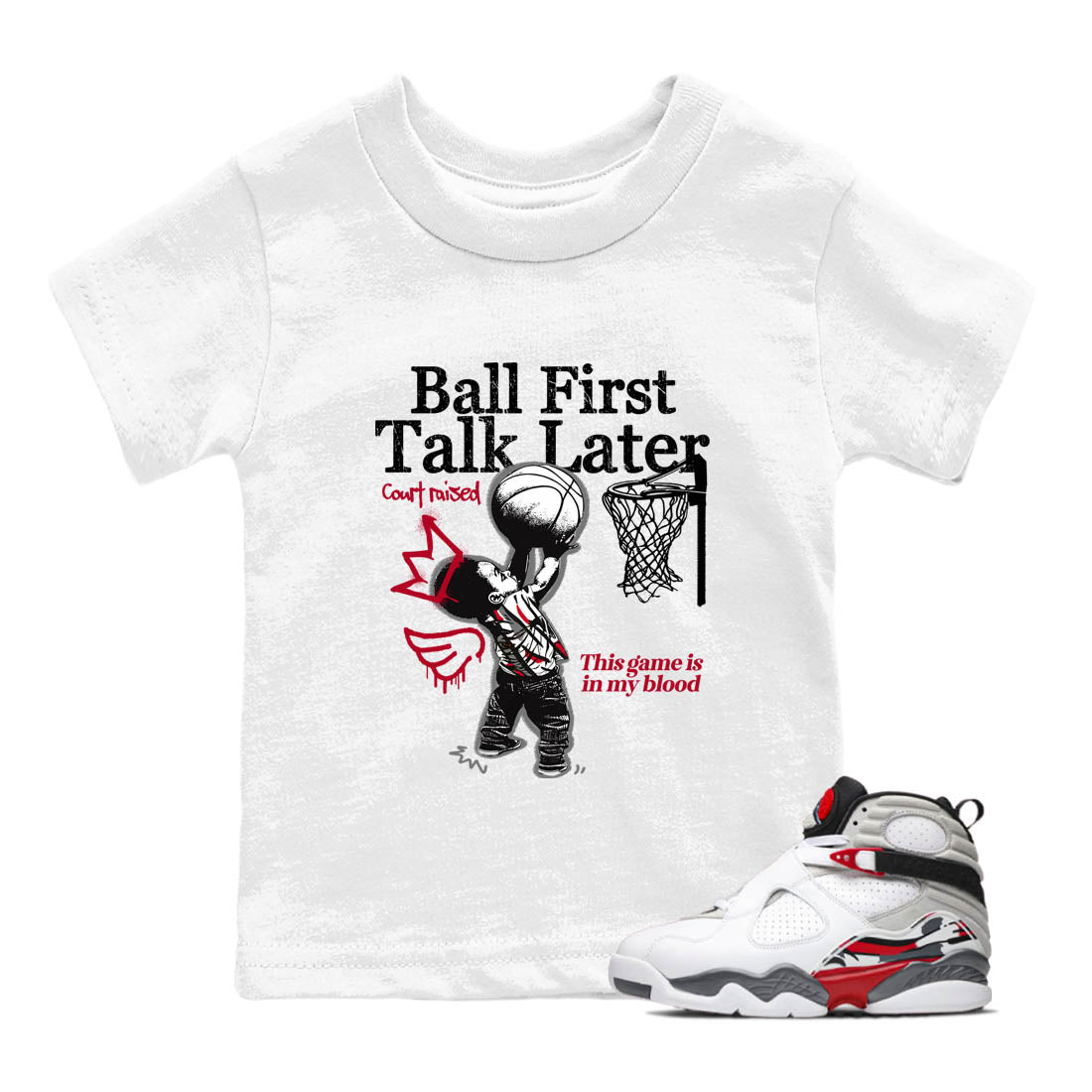 Sneaker Threads – Sneaker Tees To Match Air Jordan 8 Bunny – Ball First Talk Later Youth Graphic Tee White 1. Perfect for Jordan releases 2025 colorways.