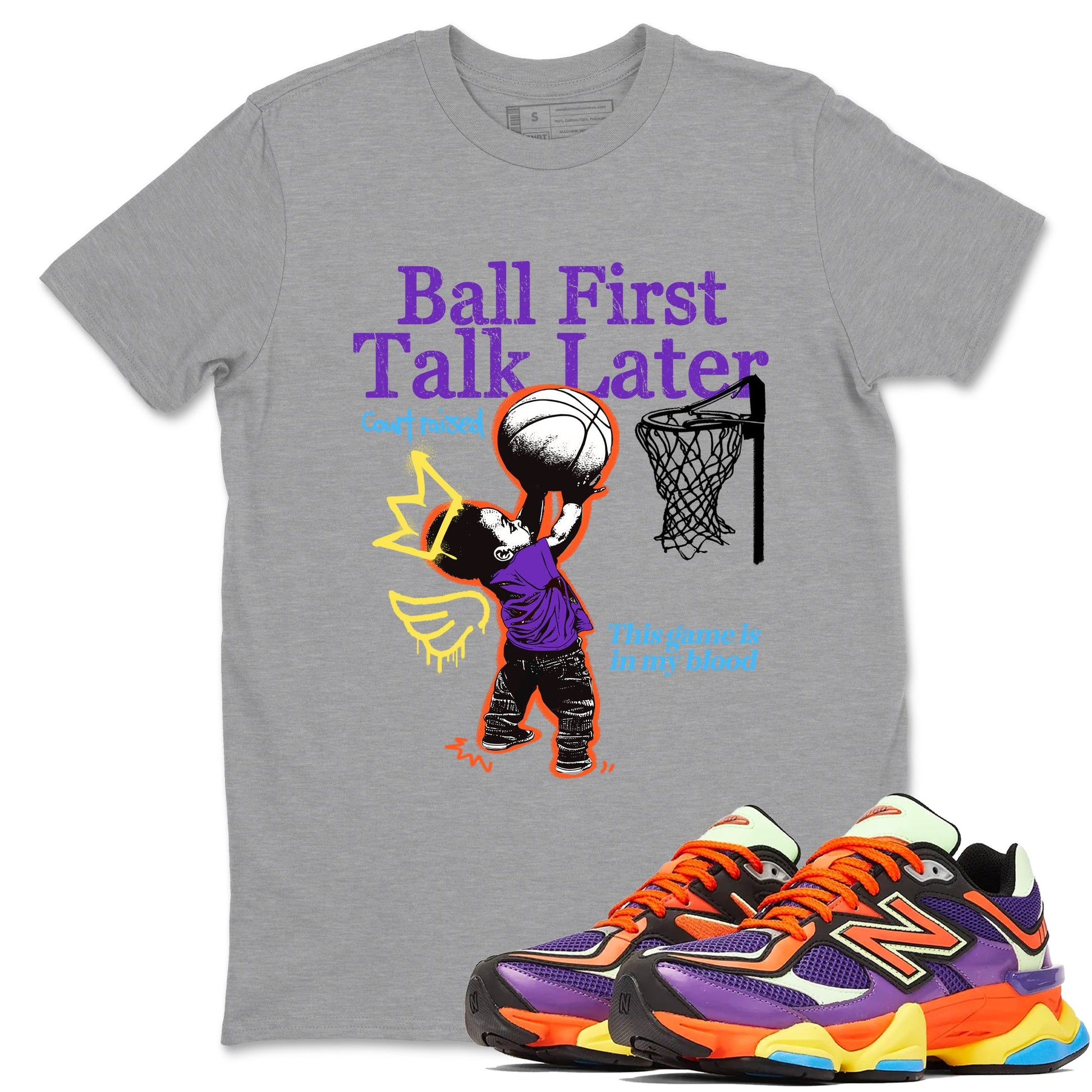 Sneaker Threads – Sneaker Tees To Match New Balance 9060 Prism Purple – Ball First Talk Later Graphic Tee Heather Grey 1. Perfect for Jordan releases 2025 colorways.