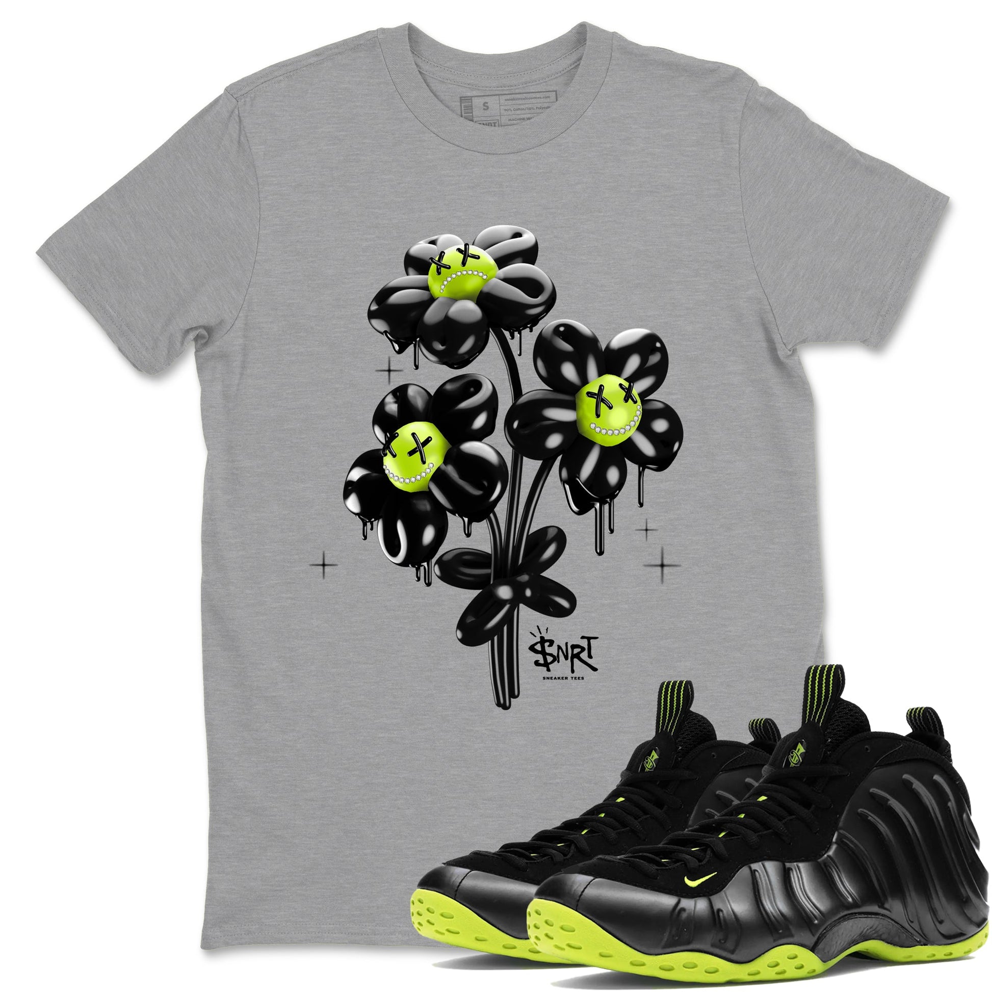 Foams One Black Volt shirts to match jordans Balloon Bouquet sneaker match tees Air Foamposite One Black and Volt match shoes to clothes SNRT Sneaker Tees unisex cotton Heather Grey 1 shirts