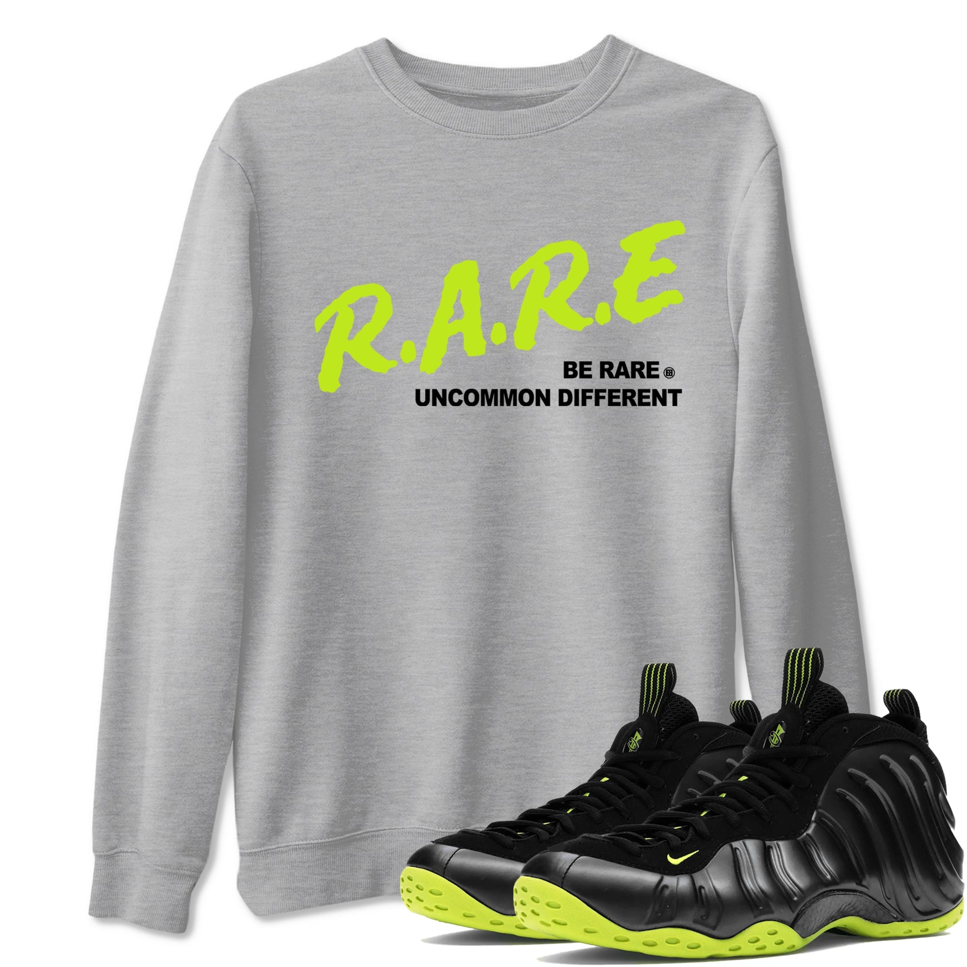 Foams One Black Volt shirts to match jordans Be Rare Uncommon Different sneaker match tees Air Foamposite One Black and Volt match shoes to clothes SNRT Sneaker Tees unisex cotton Heather Grey 1 shirts
