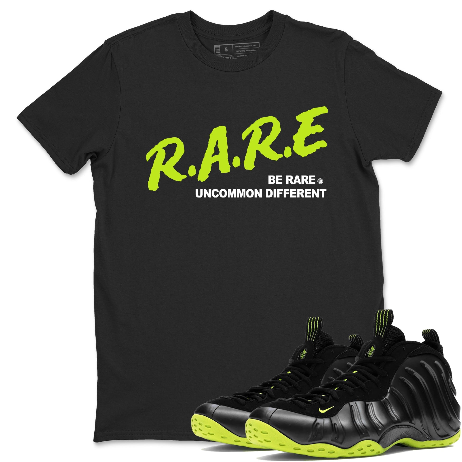 Foams One Black Volt shirts to match jordans Be Rare Uncommon Different sneaker match tees Air Foamposite One Black and Volt match shoes to clothes SNRT Sneaker Tees unisex cotton Black 1 shirts