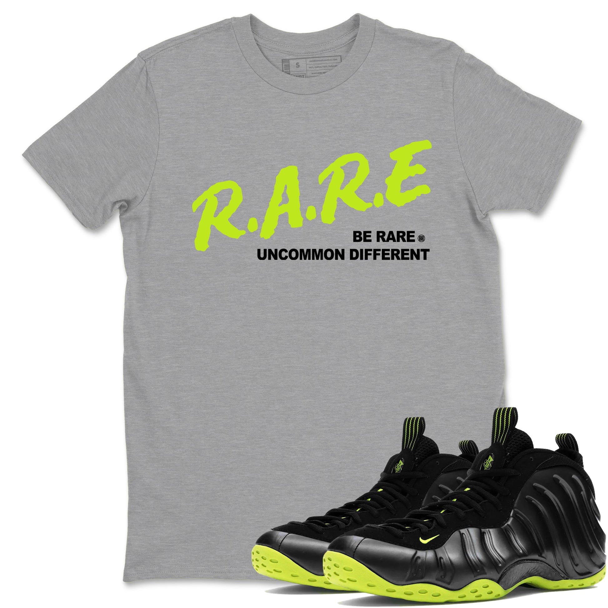 Foams One Black Volt shirts to match jordans Be Rare Uncommon Different sneaker match tees Air Foamposite One Black and Volt match shoes to clothes SNRT Sneaker Tees unisex cotton Heather Grey 1 shirts