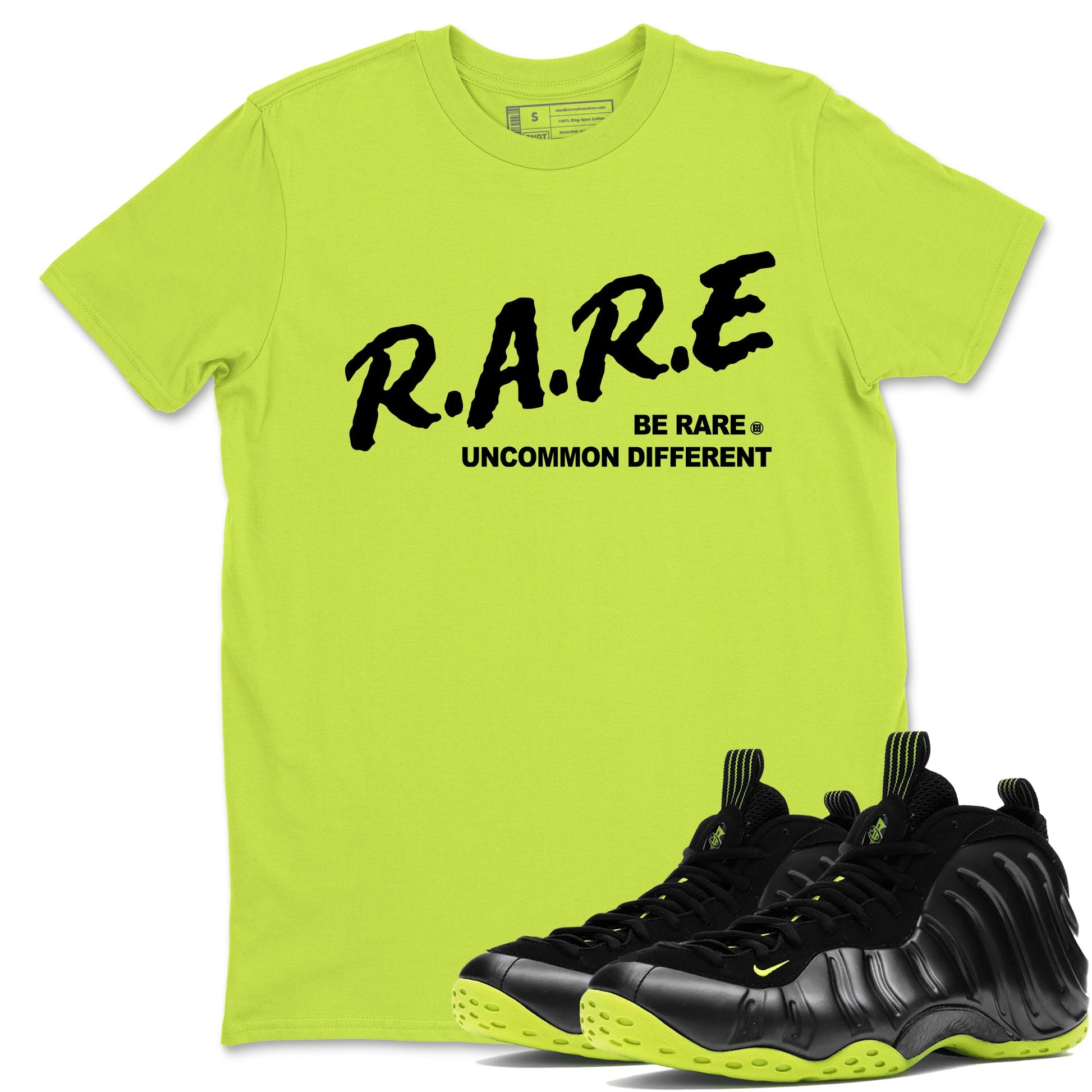 Foams One Black Volt shirts to match jordans Be Rare Uncommon Different sneaker match tees Air Foamposite One Black and Volt match shoes to clothes SNRT Sneaker Tees unisex cotton Safety Green 1 shirts