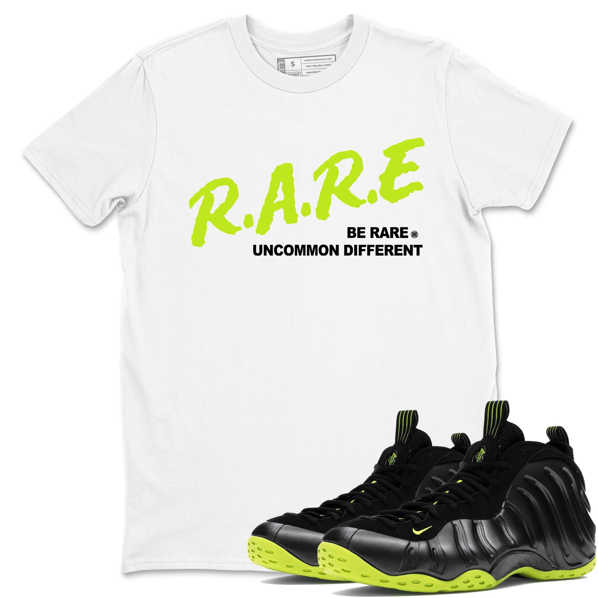 Foams One Black Volt shirts to match jordans Be Rare Uncommon Different sneaker match tees Air Foamposite One Black and Volt match shoes to clothes SNRT Sneaker Tees unisex cotton White 1 shirts