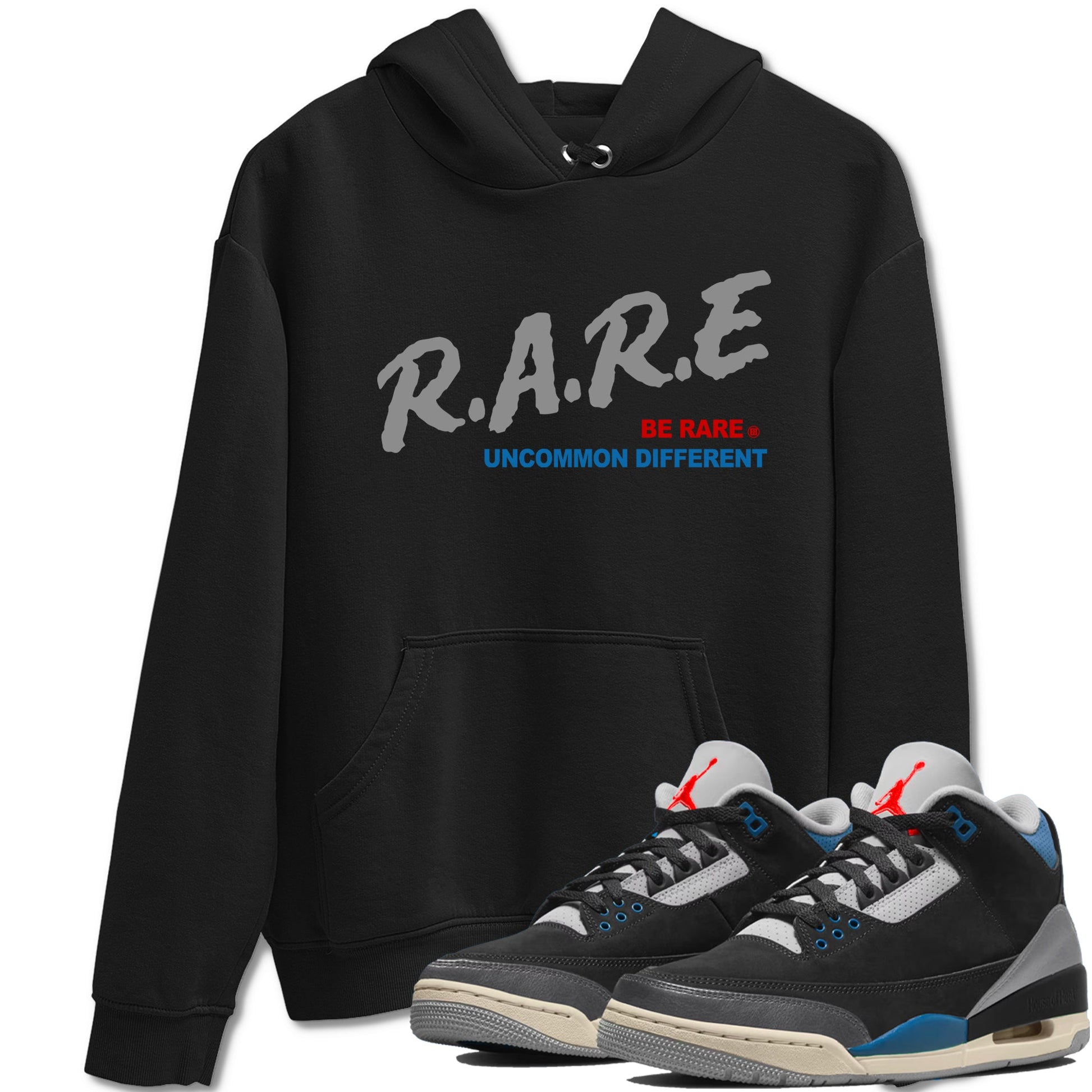 Be Rare Uncommon Different sneaker match t-shirt styled to complete your fit with the Air Jordan 3 Rare Air sneakers, shown in Black 1.