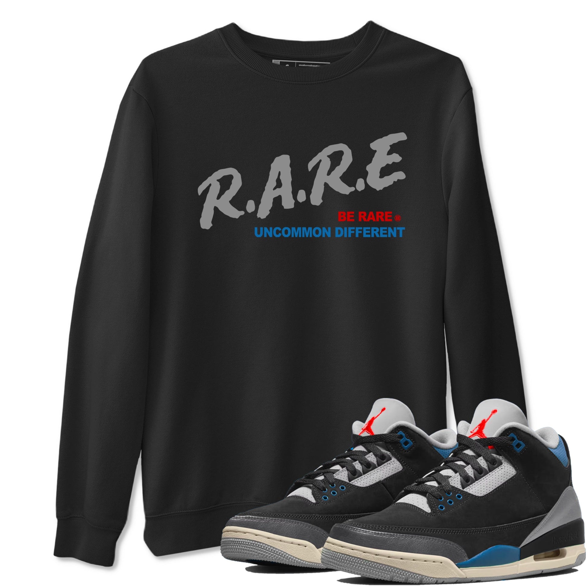 Be Rare Uncommon Different sneaker match t-shirt styled to complete your fit with the Air Jordan 3 Rare Air sneakers, shown in Black 1.