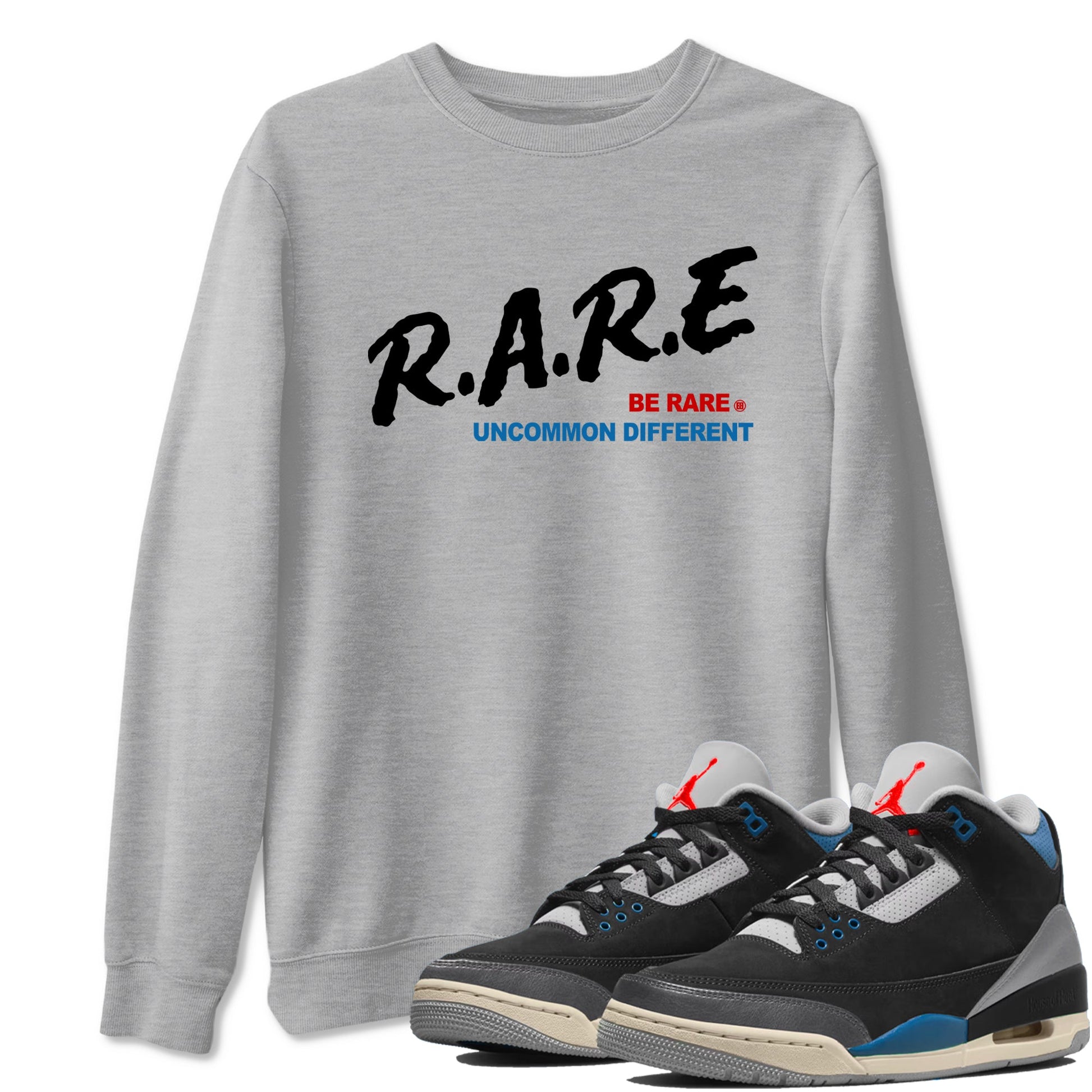 Be Rare Uncommon Different sneaker match t-shirt styled to complete your fit with the Air Jordan 3 Rare Air sneakers, shown in Heather Grey 1.