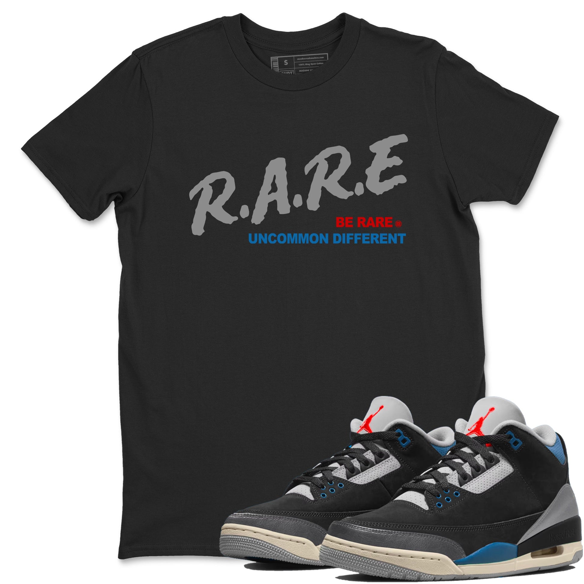Be Rare Uncommon Different sneaker match t-shirt styled to complete your fit with the Air Jordan 3 Rare Air sneakers, shown in Black 1.