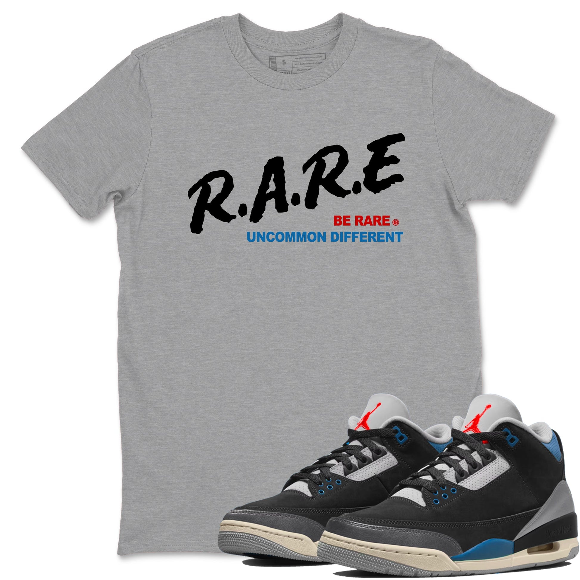 Be Rare Uncommon Different sneaker match t-shirt styled to complete your fit with the Air Jordan 3 Rare Air sneakers, shown in Heather Grey 1.