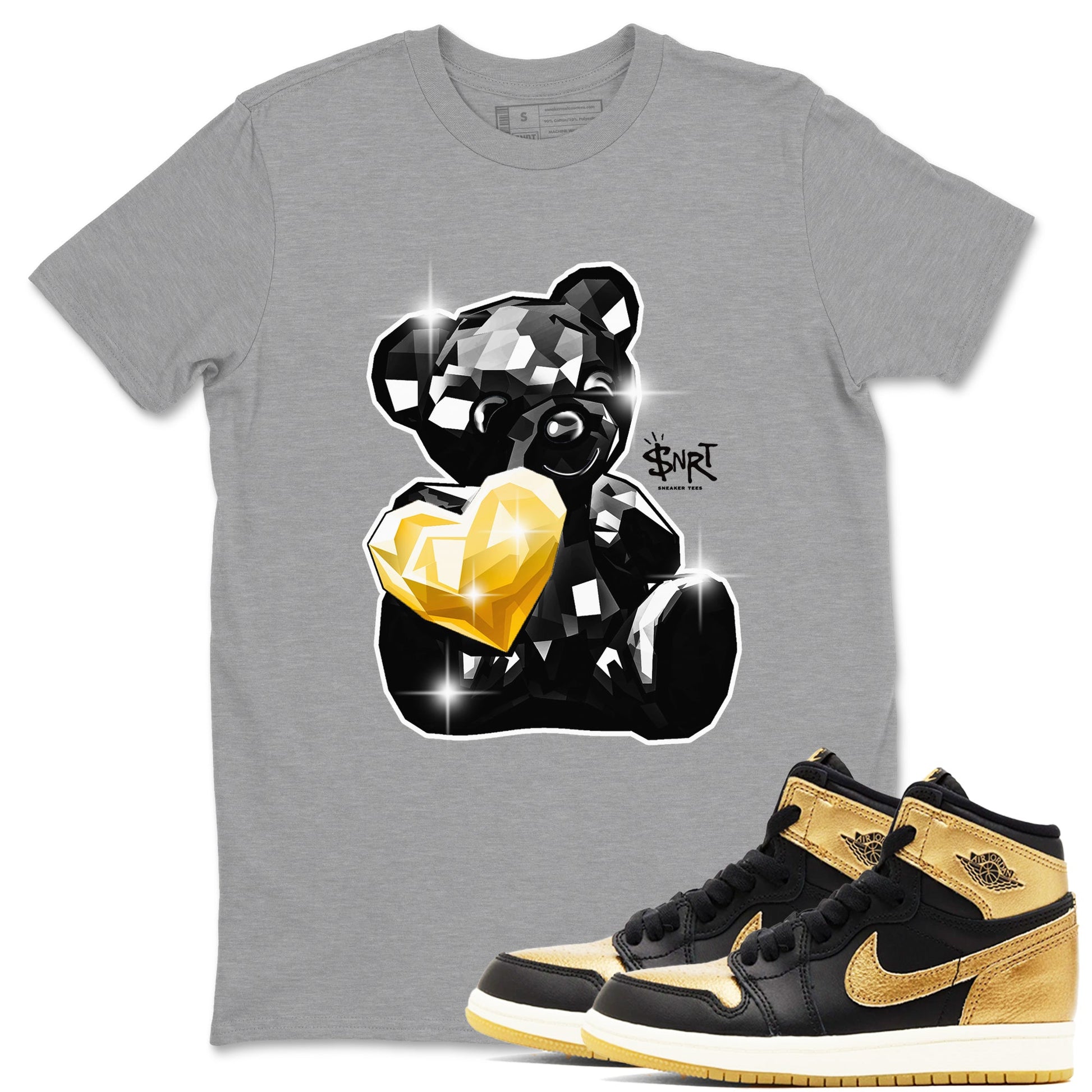 1s Black Metallic Gold shirts to match jordans Bear Germ sneaker match tees Jordan 1 High OG Black and Gold SNRT Sneaker Tees streetwear brand Heather Grey 1 unisex cotton tee