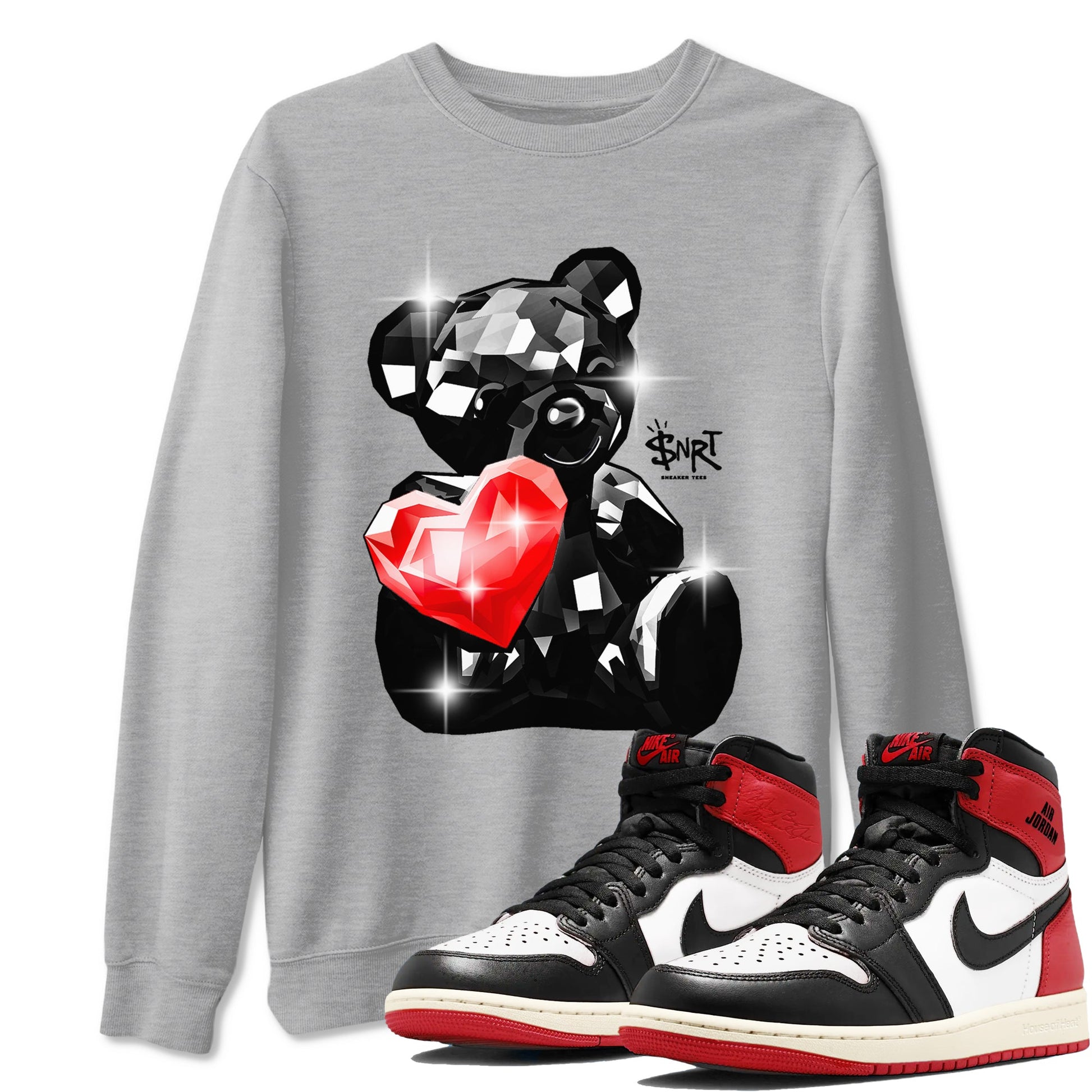 1s Black Toe Reimagined shirts to match jordans Bear Germs sneaker match tees Air Jordan 1 Black Toe Reimagined match shoes to clothes SNRT Sneaker Tees unisex cotton Heather Grey 1 shirts