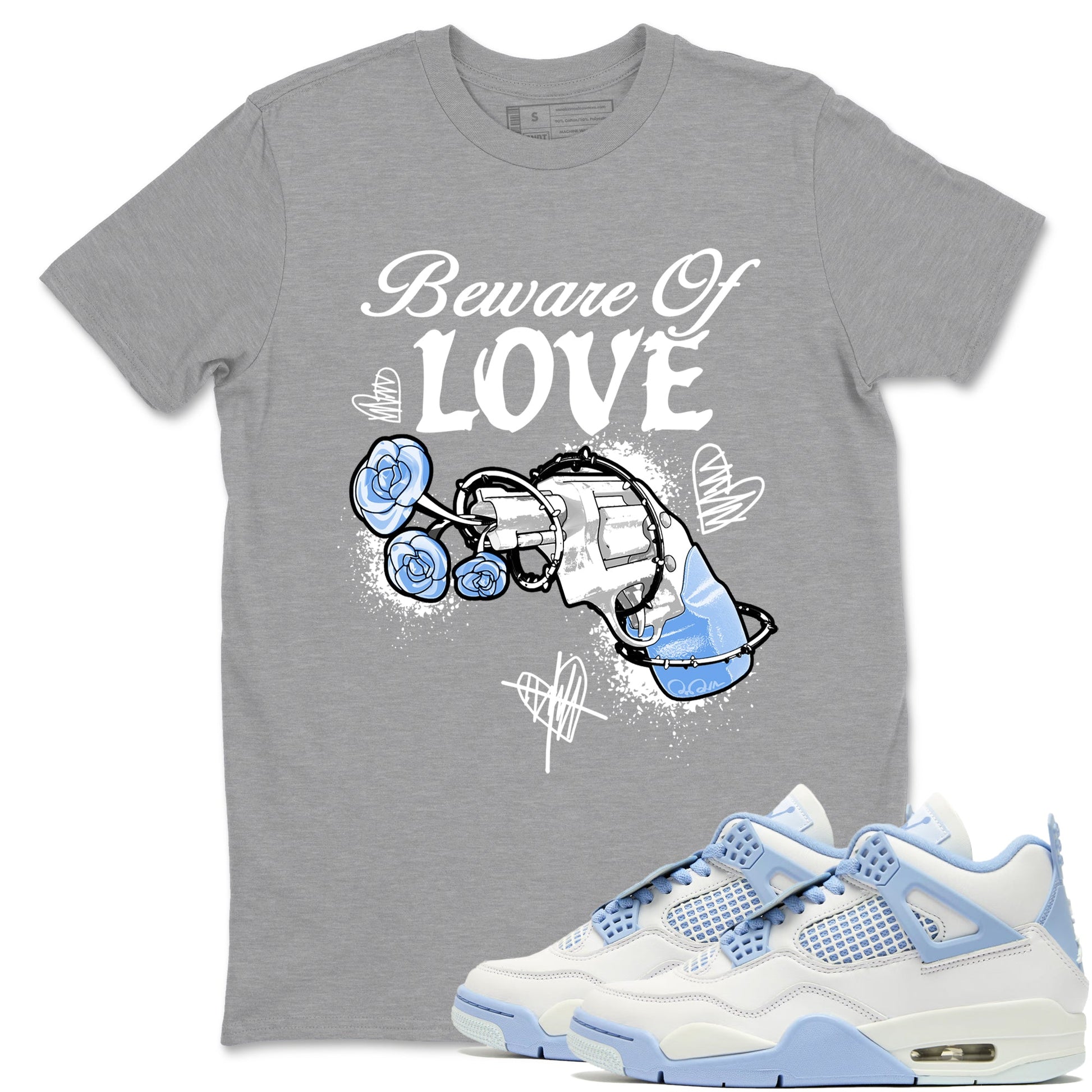 4s Forget Me Not shirts to match jordans Beware Of Love graphic tees Air Jordan 4 Forget Me Not match shoes to clothes SNRT Sneaker Tees unisex cotton Heather Grey 1 shirts