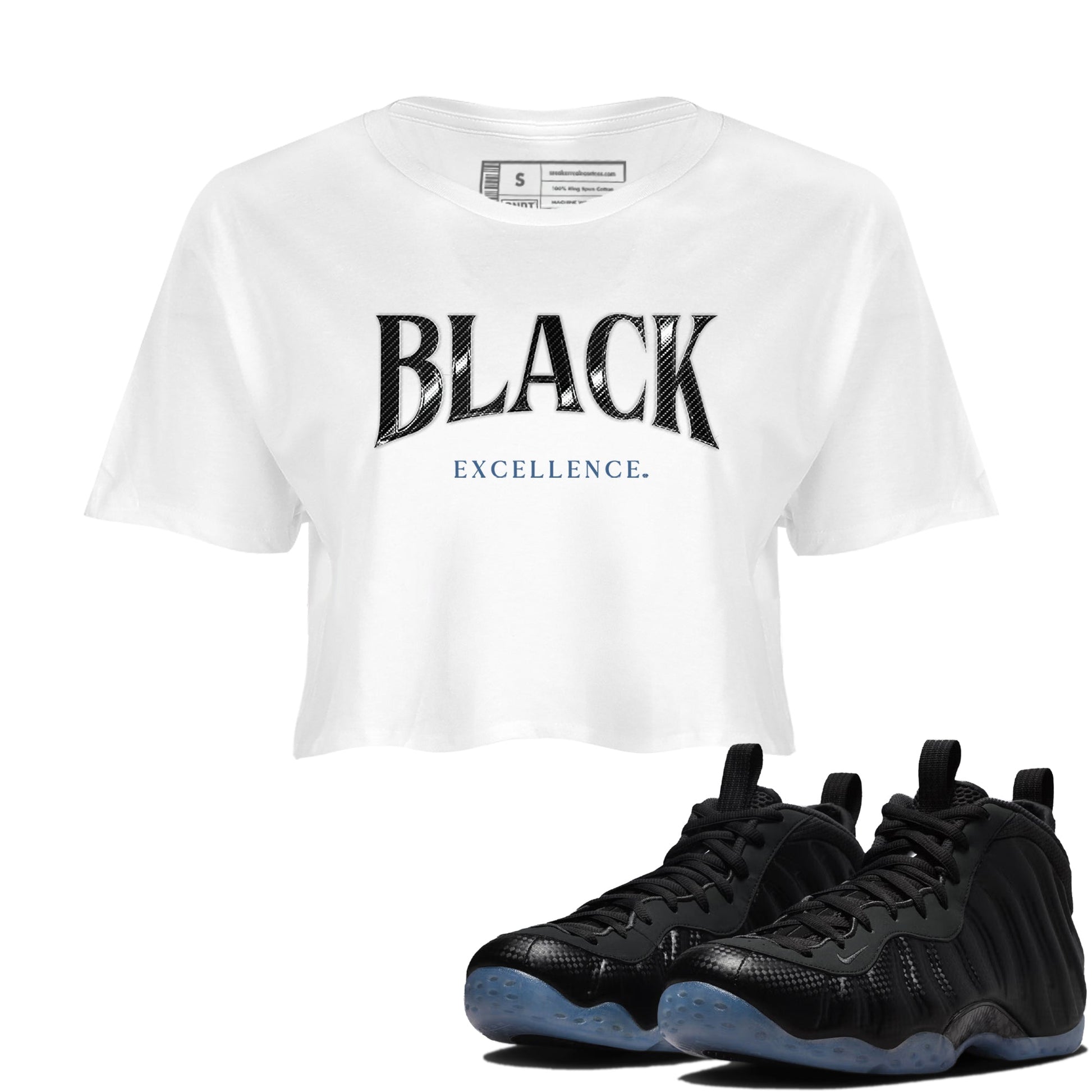 Basketball Graphic Tee – Sneaker Tees To Match Air Foamposite One Carbon Fiber – Black Excellence Crop Tee White 1. Perfect for Foamposite releases 2025 colorways.