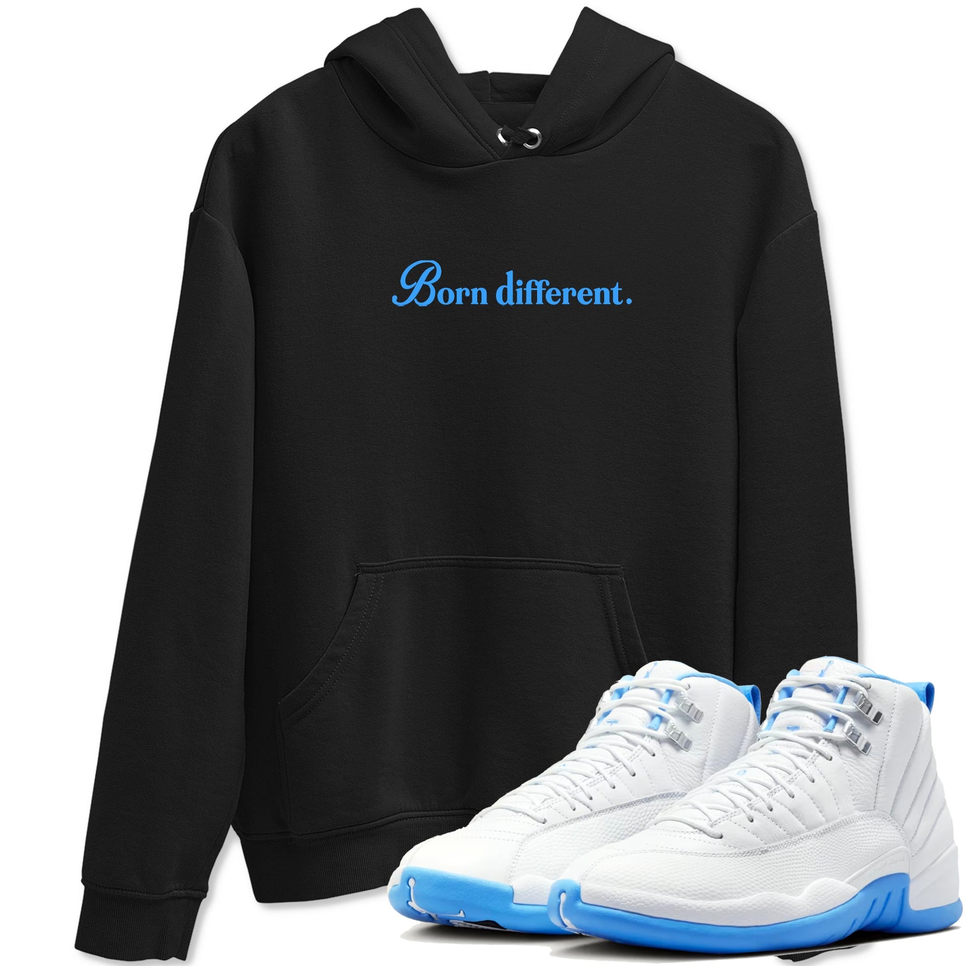 Born Different sneaker match t-shirt styled to complete your fit with the Air Jordan 12 White and University Blue sneakers, shown in Black 1.