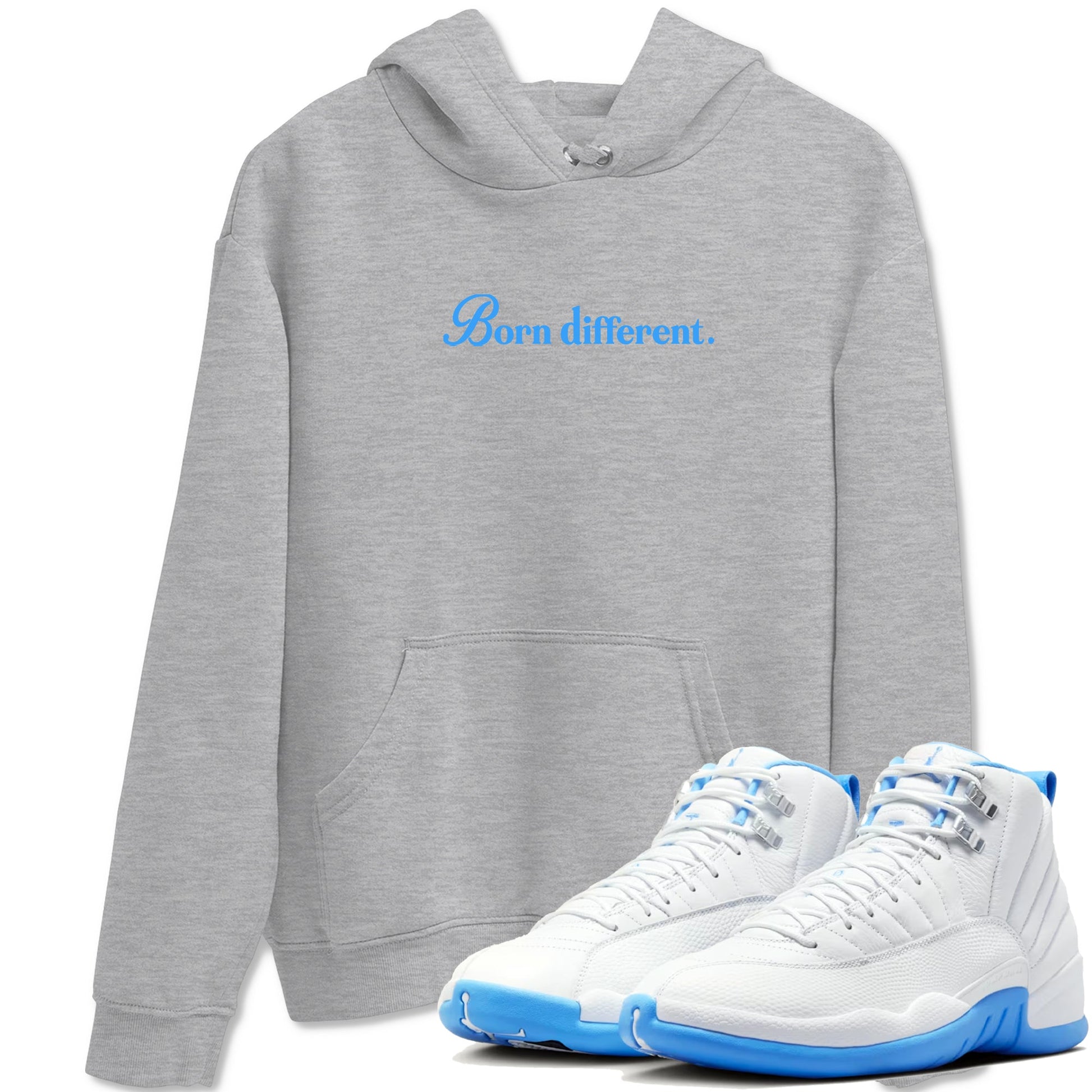 Born Different sneaker match t-shirt styled to complete your fit with the Air Jordan 12 White and University Blue sneakers, shown in Heather Grey 1.