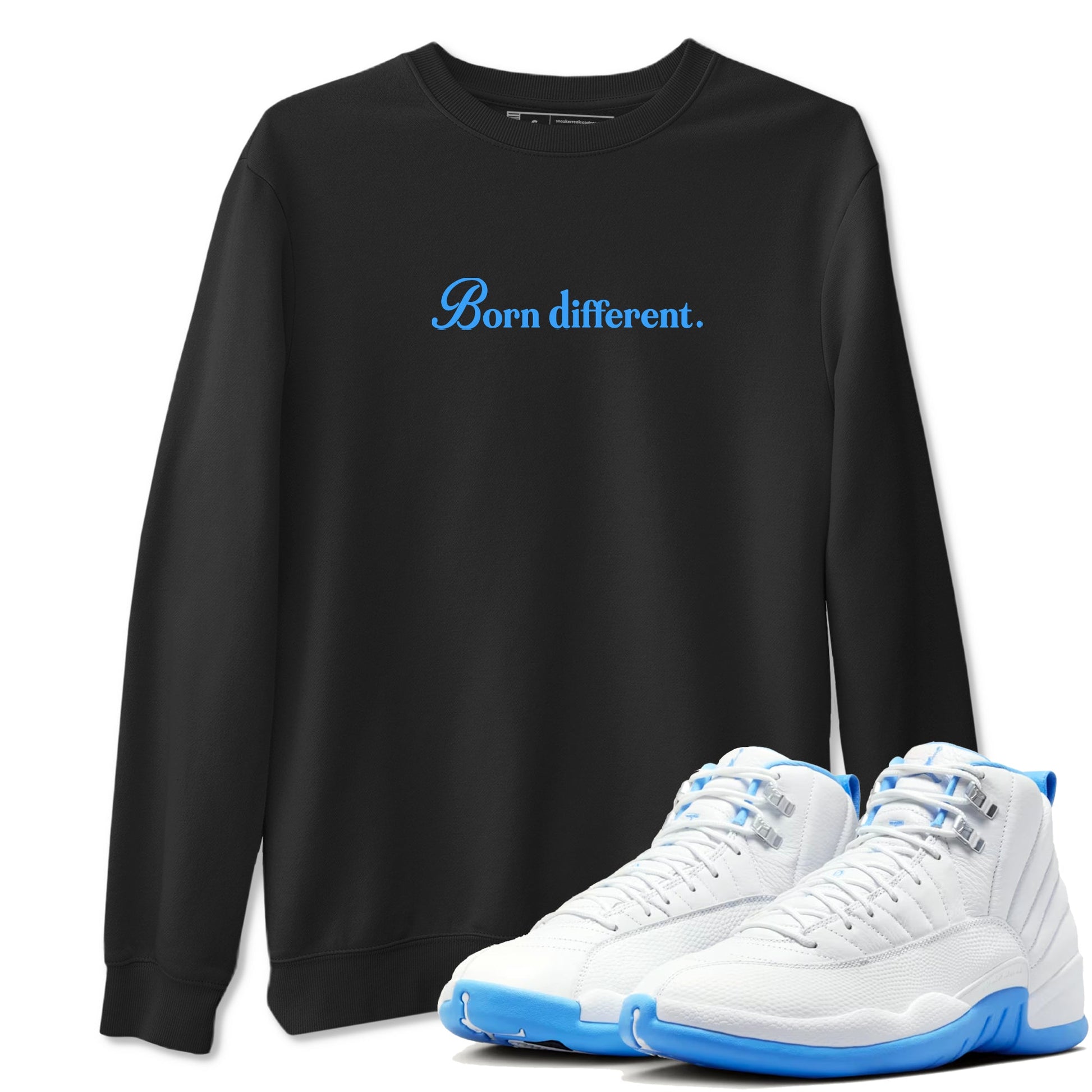 Born Different sneaker match t-shirt styled to complete your fit with the Air Jordan 12 White and University Blue sneakers, shown in Black 1.