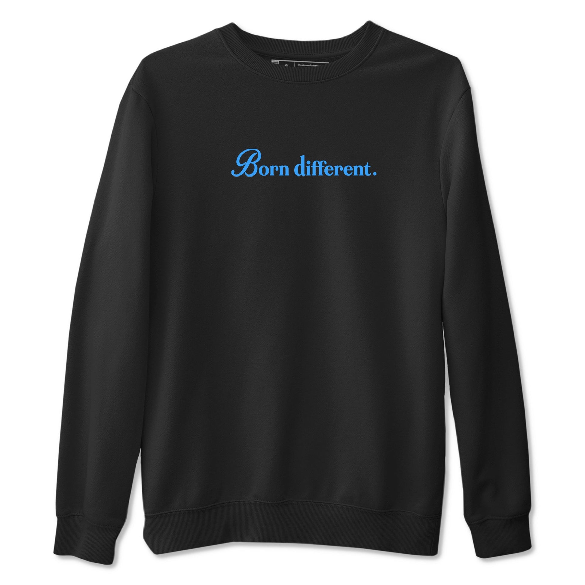 Born Different sneaker match t-shirt styled to complete your fit with the Air Jordan 12 White and University Blue sneakers, shown in Black 2.
