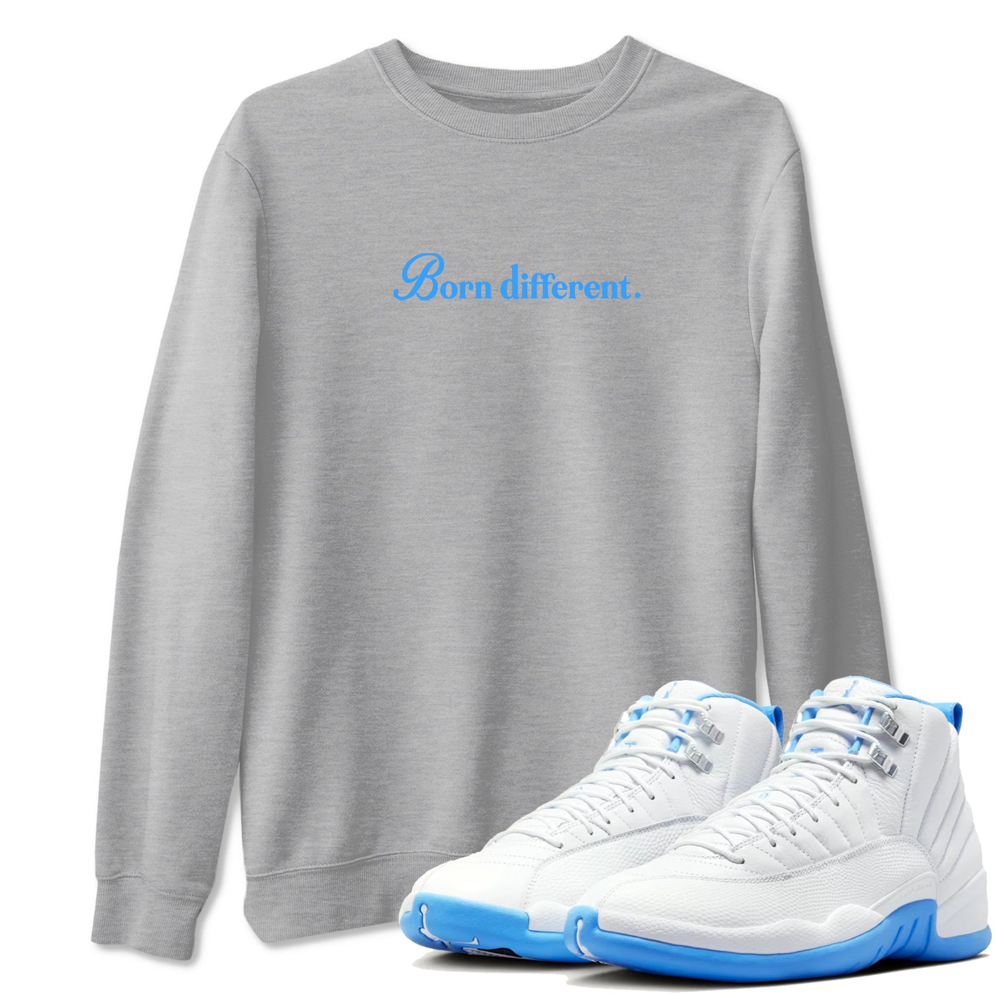 Born Different sneaker match t-shirt styled to complete your fit with the Air Jordan 12 White and University Blue sneakers, shown in Heather Grey 1.