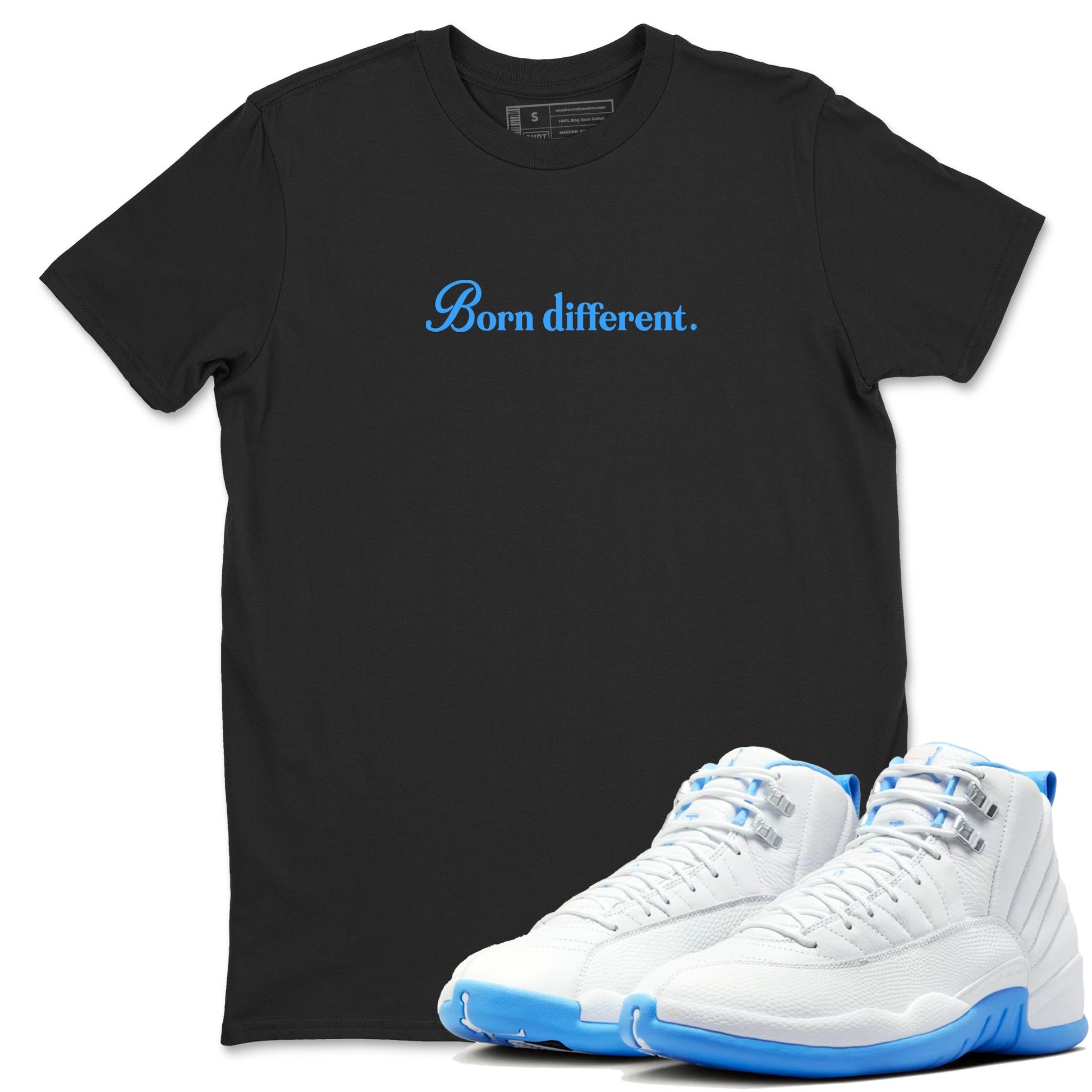 Born Different sneaker match t-shirt styled to complete your fit with the Air Jordan 12 White and University Blue sneakers, shown in Black 1.
